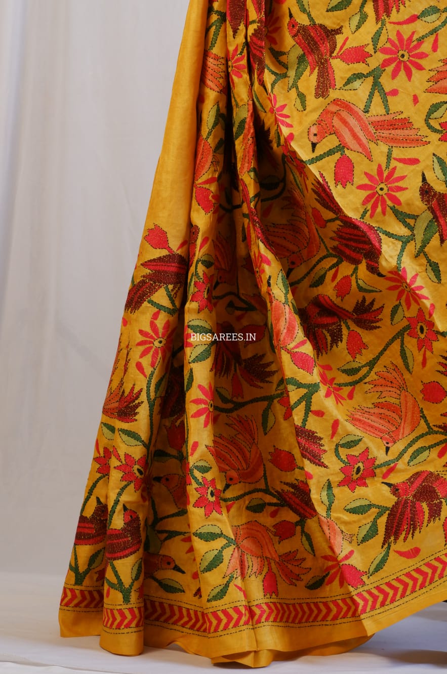 Kantha Stitch Hand Embroidered Saree | Pure Tussar Silk | Silk Mark Certified | Orange