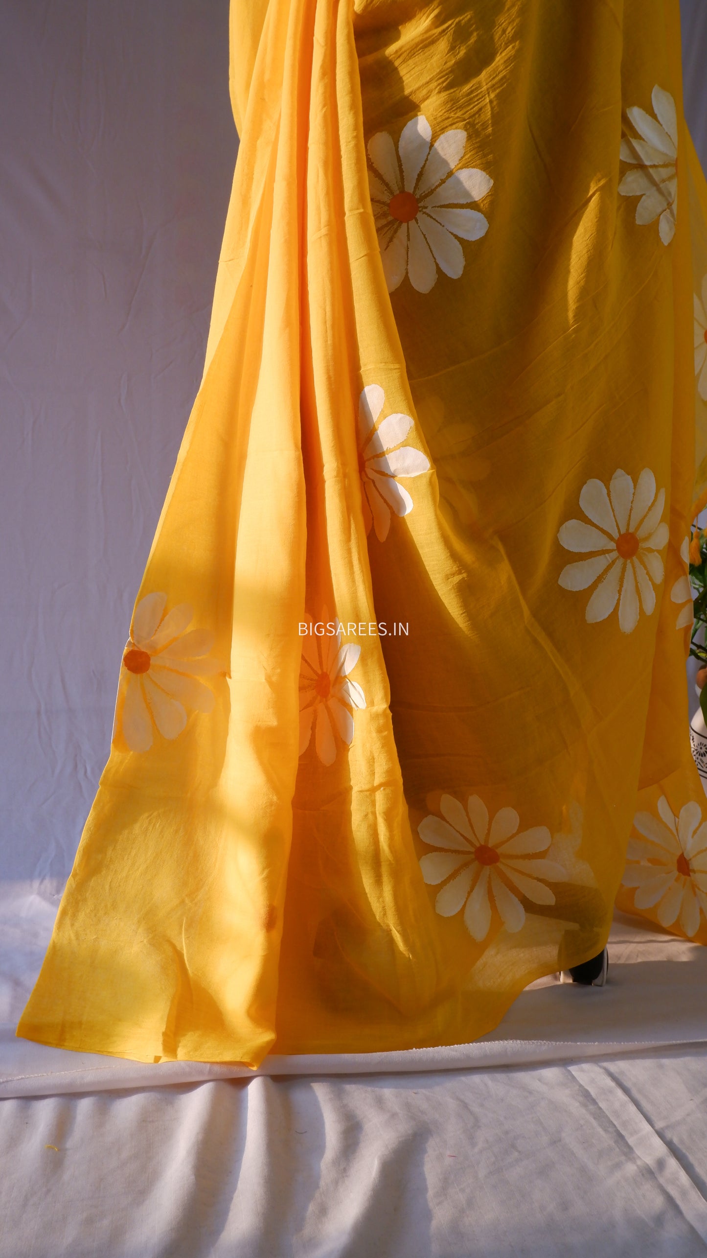 Hand Painted Mul Cotton Saree with Blouse | Yellow