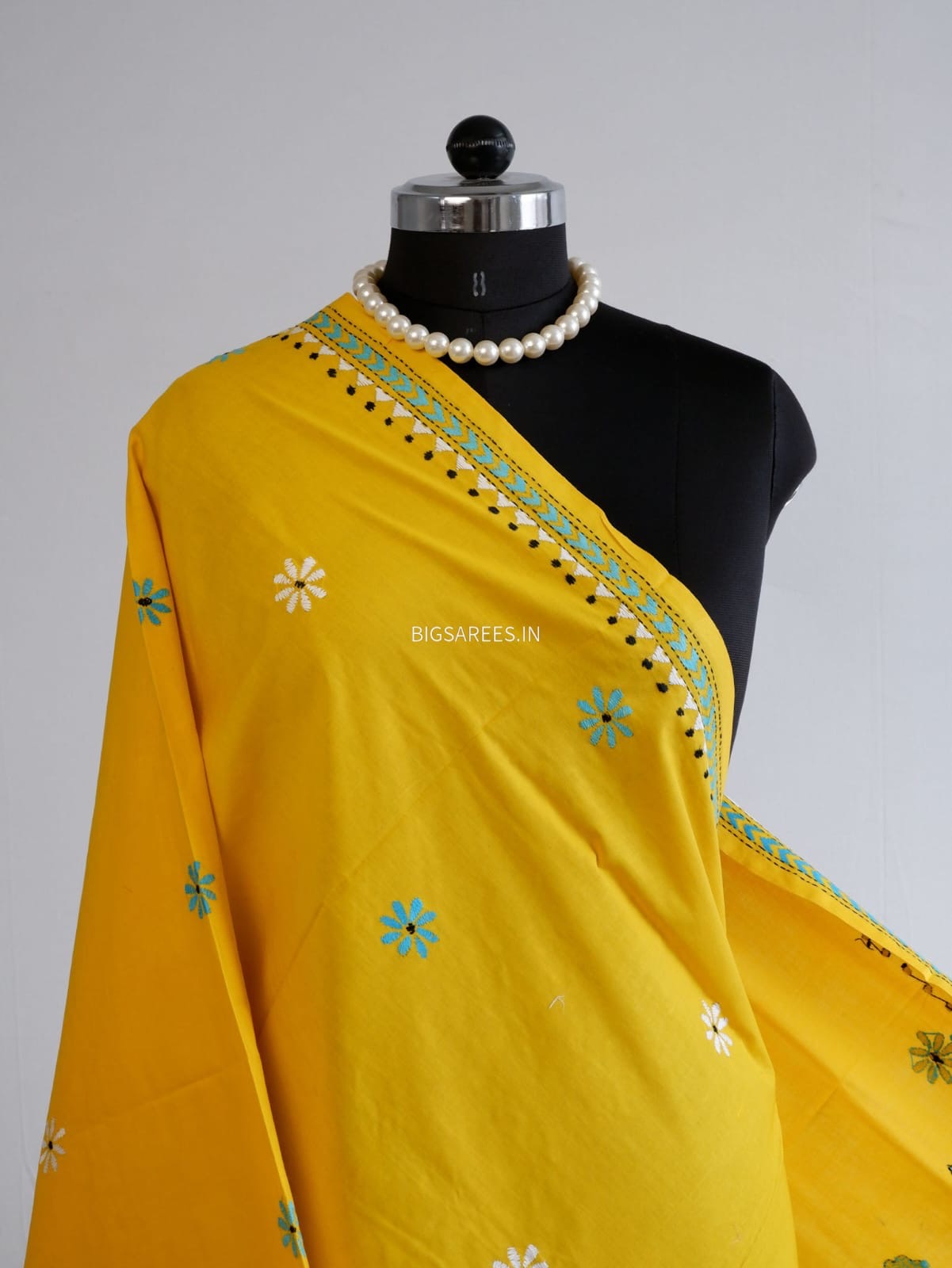 Hand-Embroidered Kantha Stitch Dupatta | Khadi Cotton | Yellow