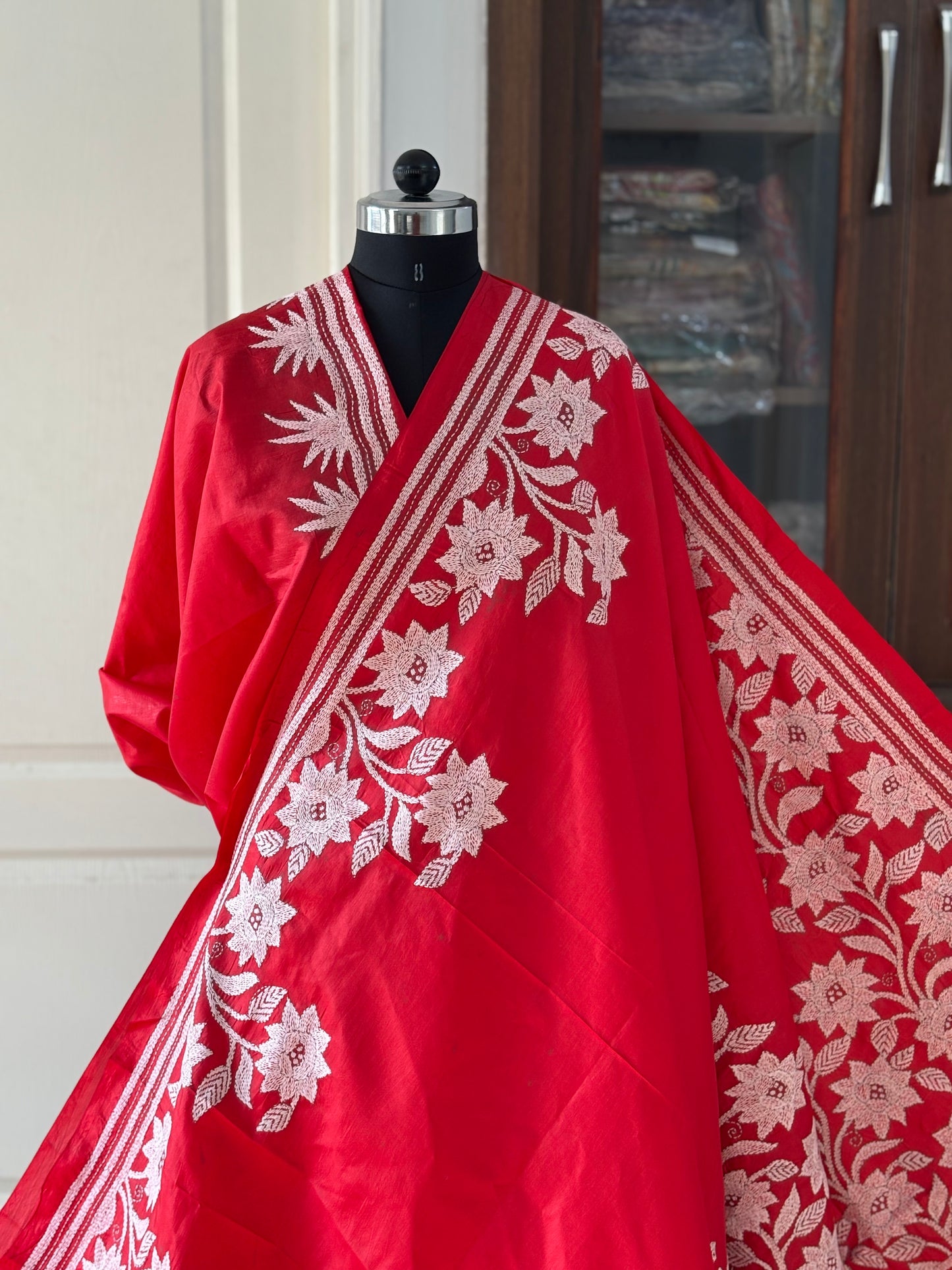 Kantha Stitch Hand Embroidered Pure Banglore Silk Saree (Silk Marked)