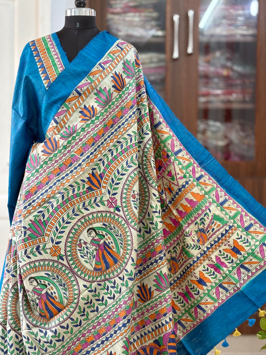 Pure Tussar Ghicha Silk Handcrafted Madhubani Half Saree (Silk Marked)