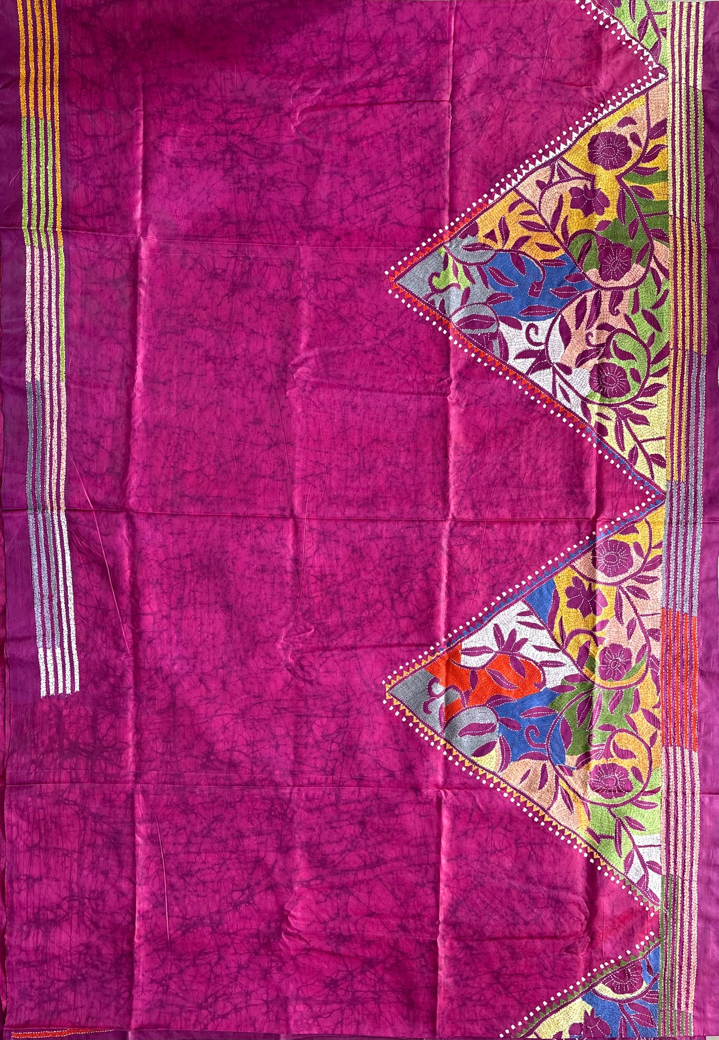 Reverse Kantha Stitch Hand Embroidered Art Silk Saree With Blouse