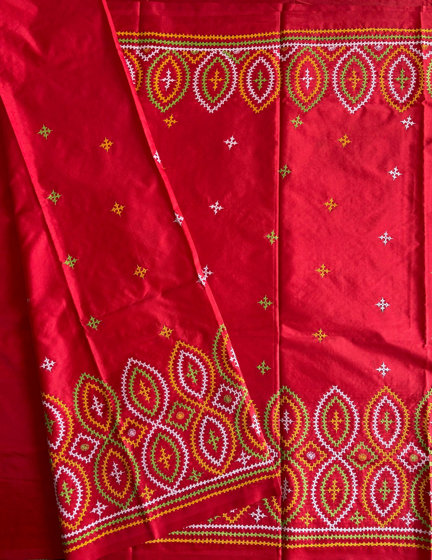 Gujrati Stitch/Kutch Hand Embroidered Art Silk Saree