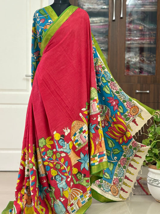 Pen Kalamkari hand painted pure cotton Saree with blouse