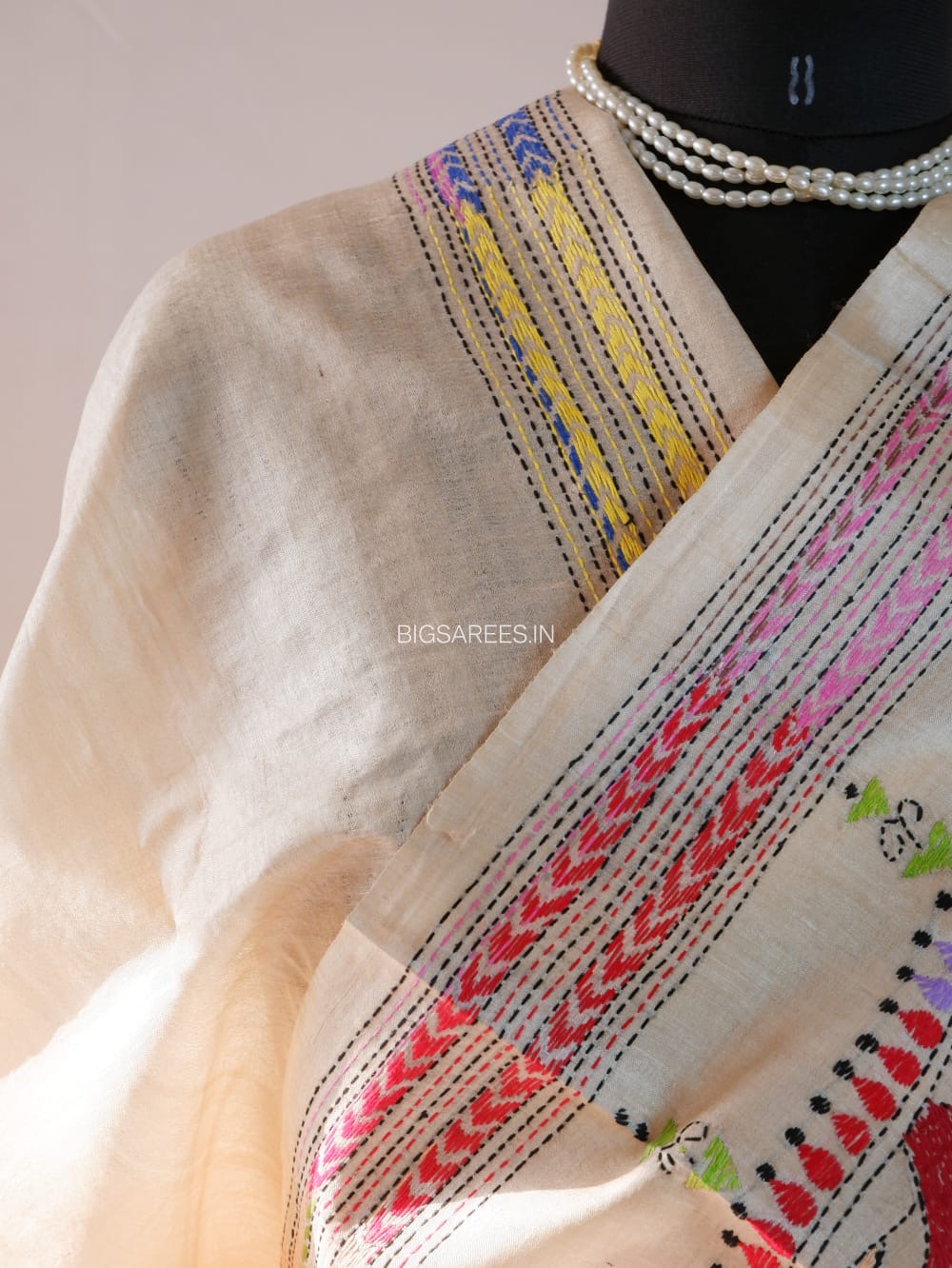 Kantha Stitch Hand Embroidered Saree | Pure Tussar Silk | Silk Mark Certified