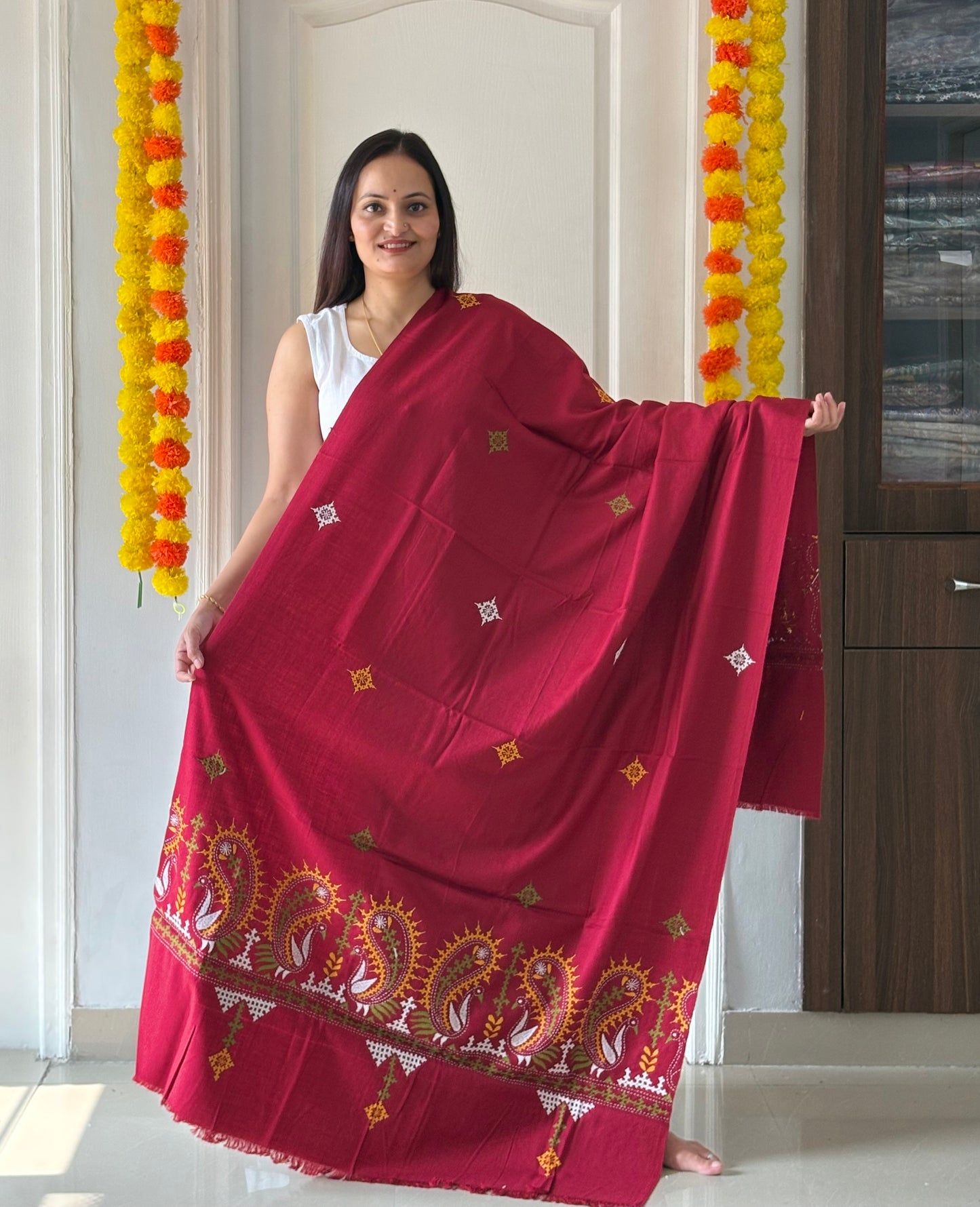 Gujrati Stitch Hand Embroidered Woollen Warm Shawl