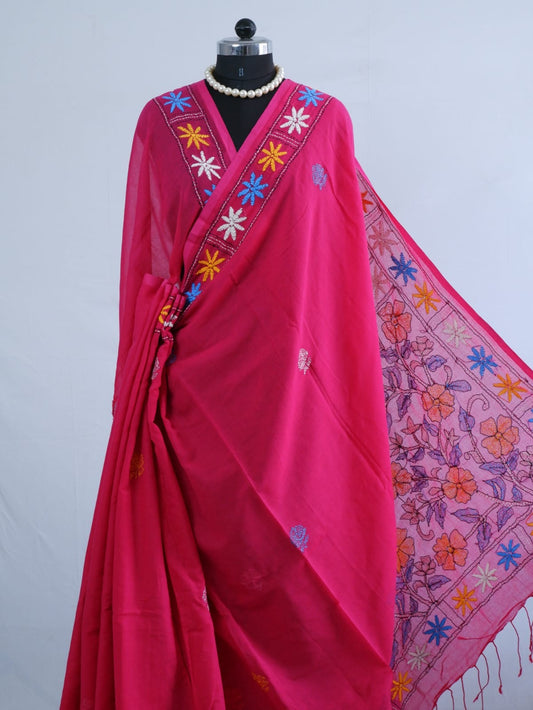 Kantha stitch Hand Embroidered Pure mul Cotton Saree