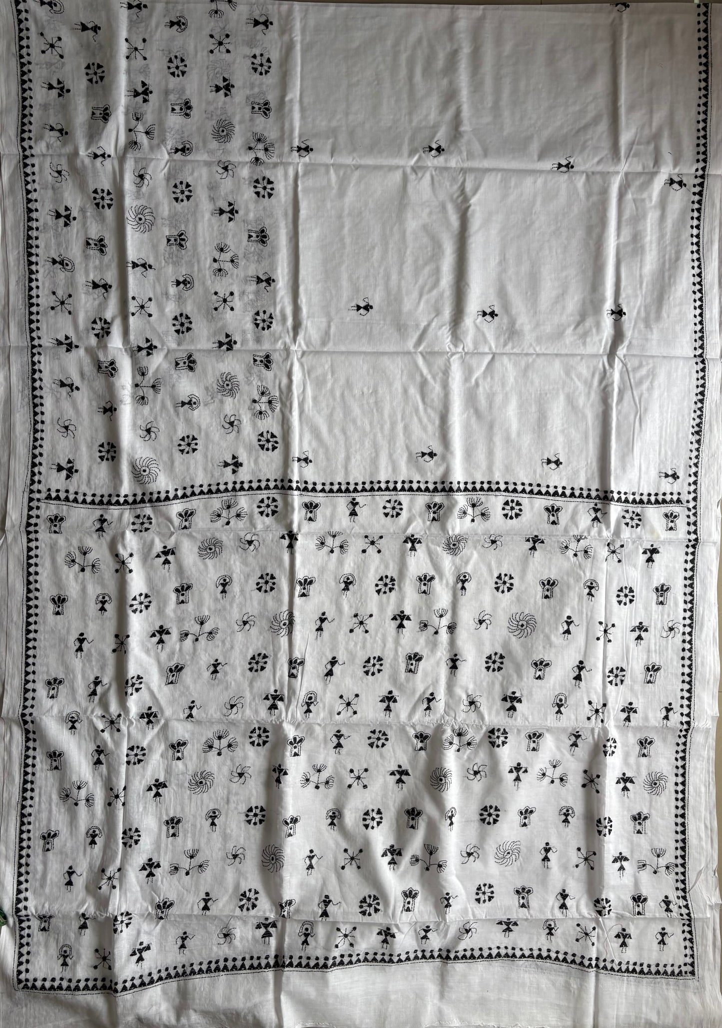 Kantha Hand Embroidered Pure Cotton Saree - white