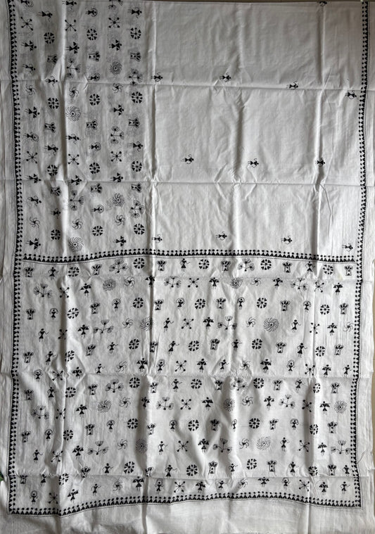 Kantha Hand Embroidered Pure Cotton Saree - white