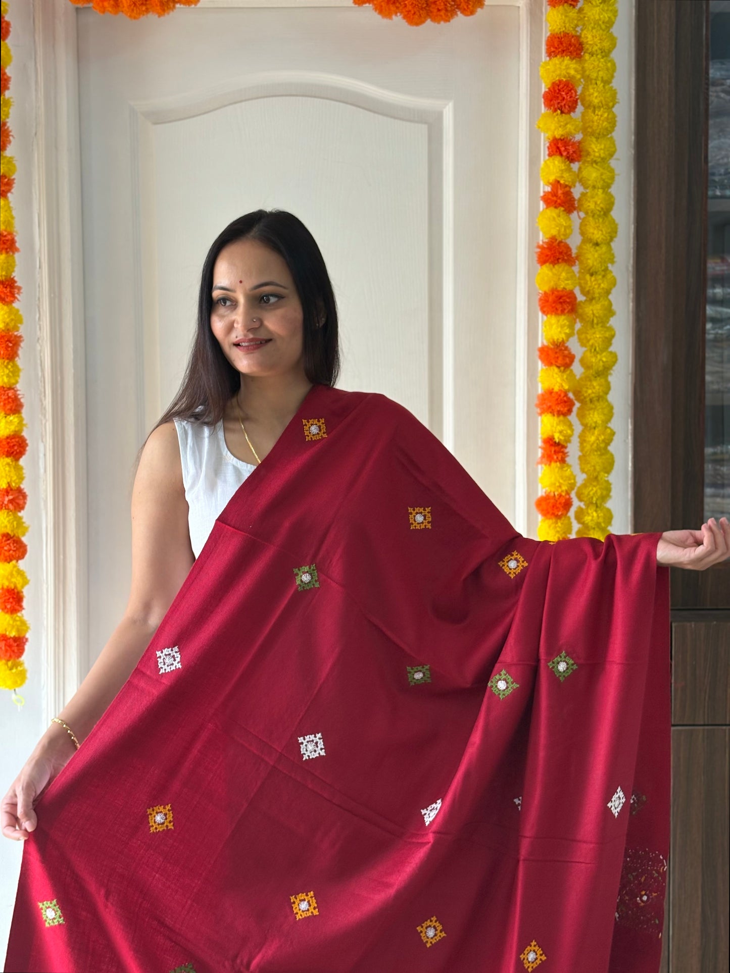 Gujrati Stitch Hand Embroidered Woollen Warm Shawl