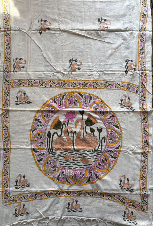 Kantha stitch Khadi Cotton Saree - Off white