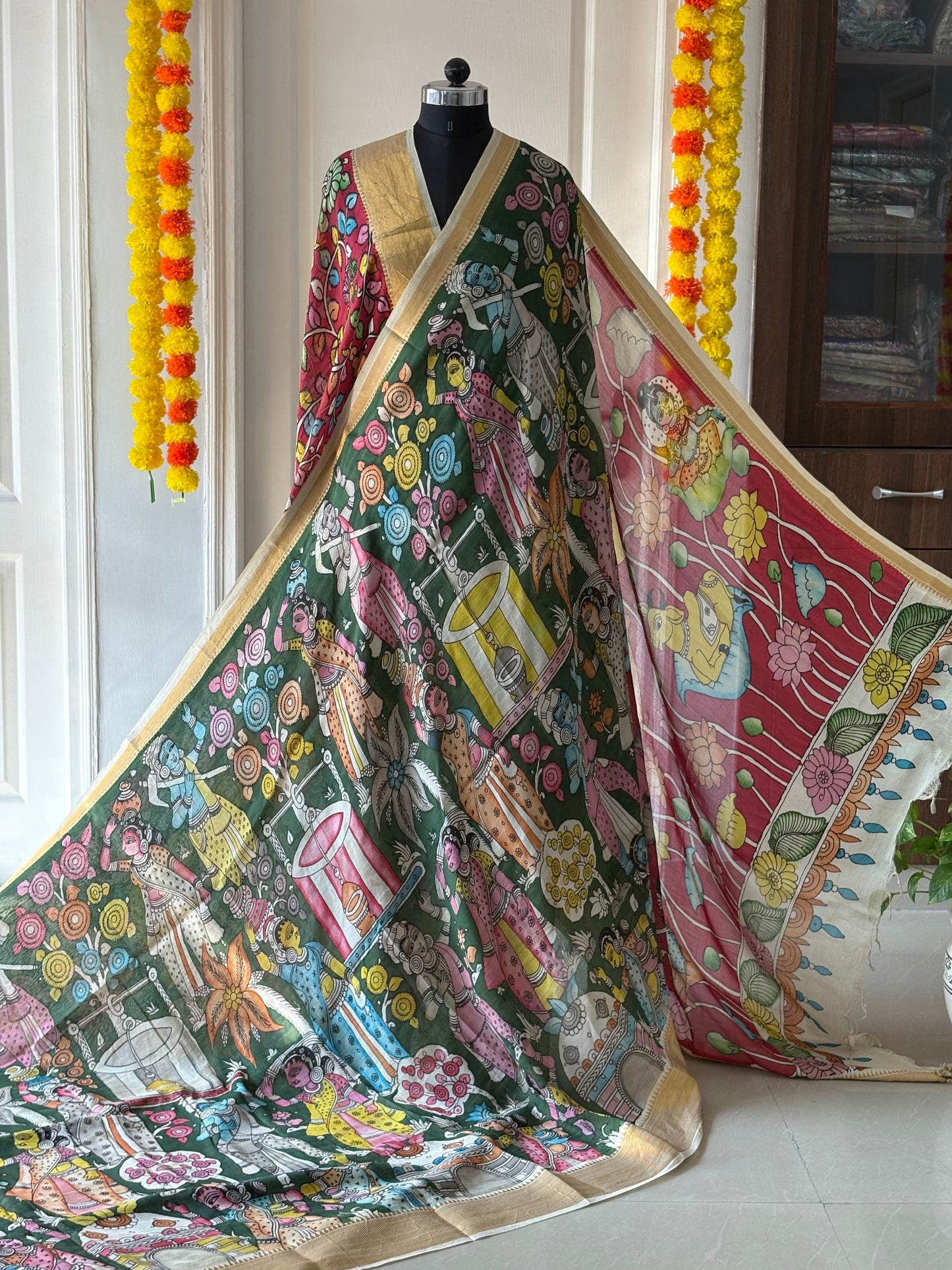 Pen Kalamkari hand painted Banglore Silk Saree with blouse