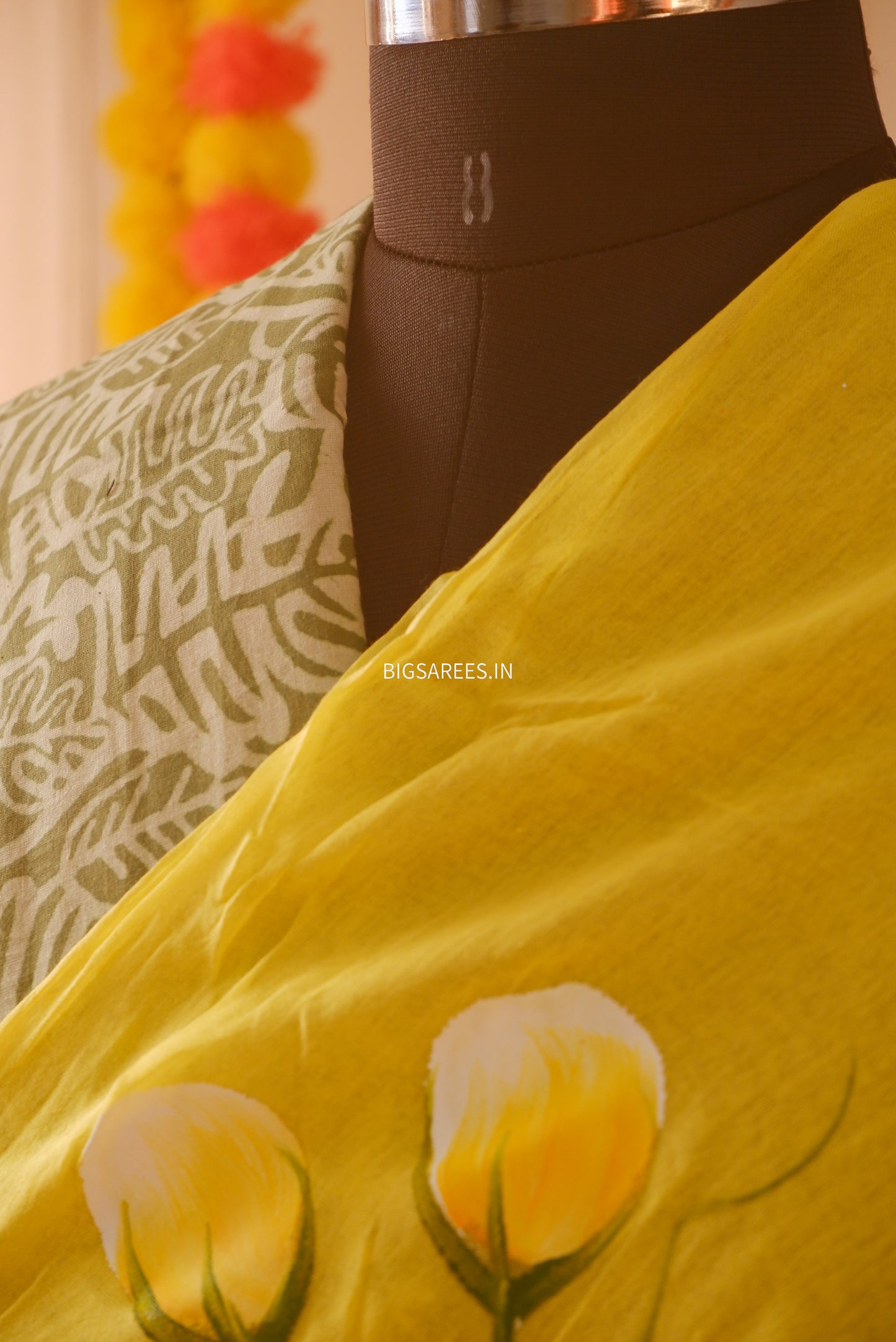Hand Painted Mul Cotton Saree with Blouse | Yellow