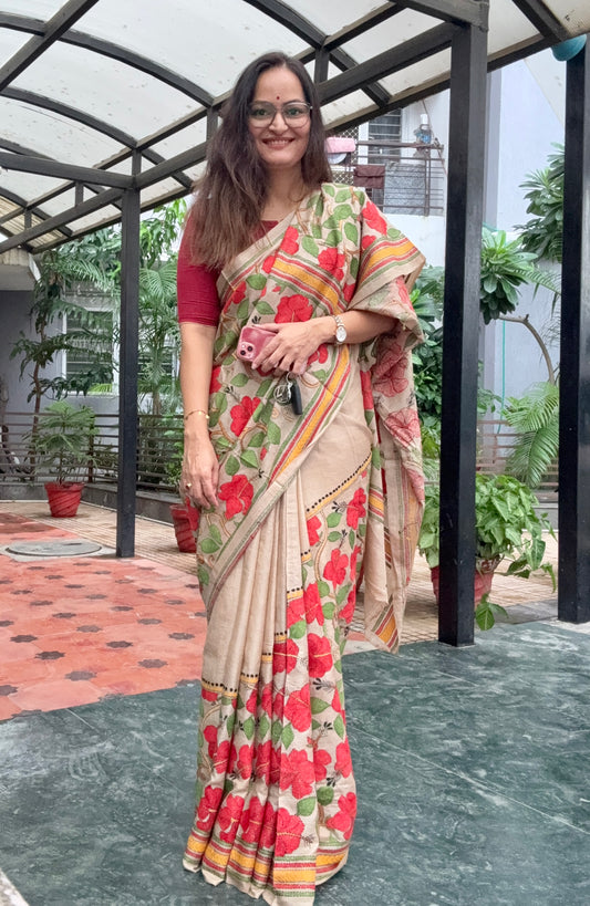 Kantha Stitch Hand Embroidered Pure Gachi by Gachi Tassar Silk Saree (Silk Marked)