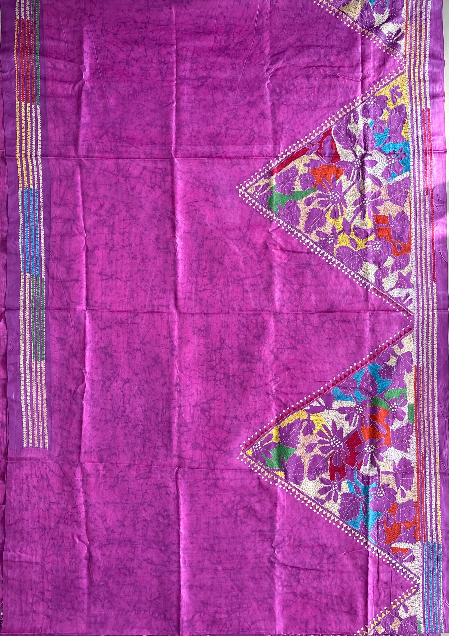 Reverse Kantha Hand Embroidered Blended Banglore Silk/Art Silk Saree With Blouse