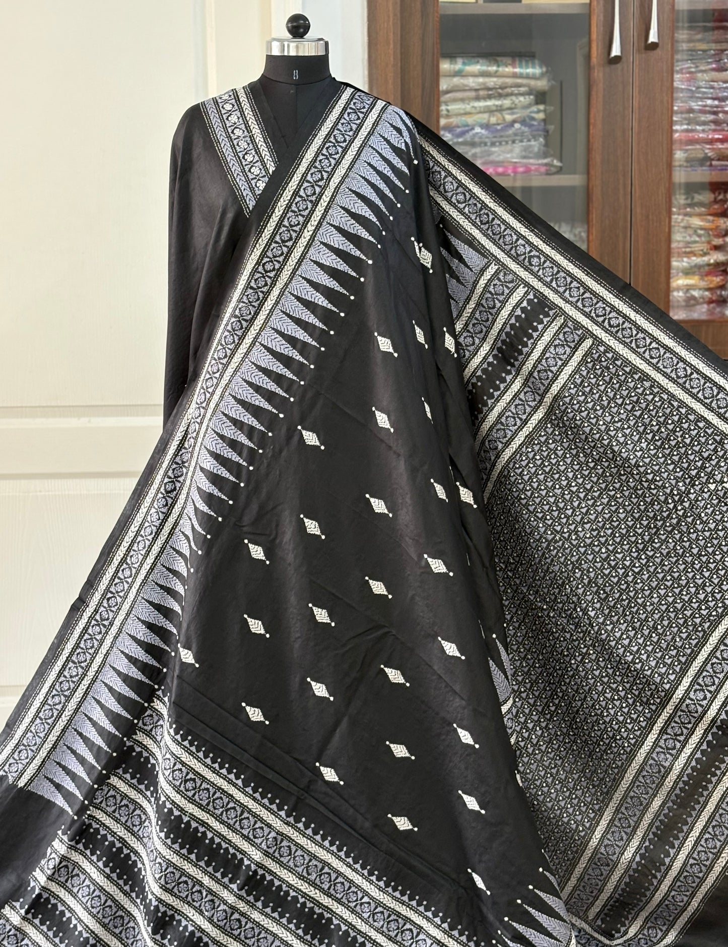 Black Kantha Stitch Hand Embroidered Pure Banglore Silk Saree (Silk Marked)