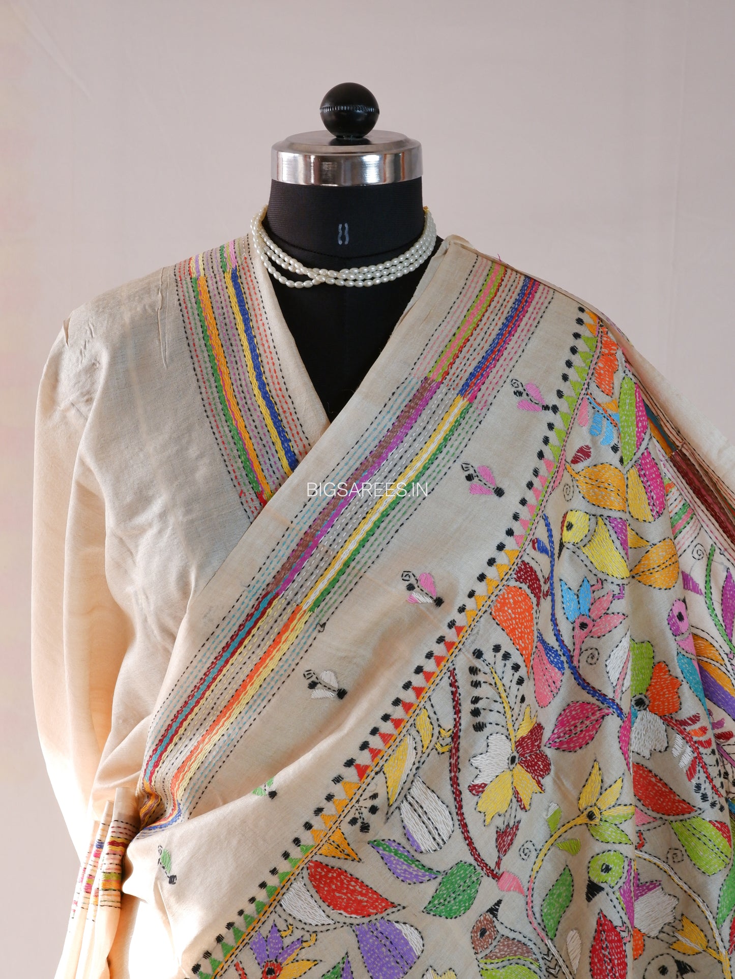 Kantha Stitch Hand Embroidered Saree | Pure Tussar Silk | Silk Mark Certified | Light Beige