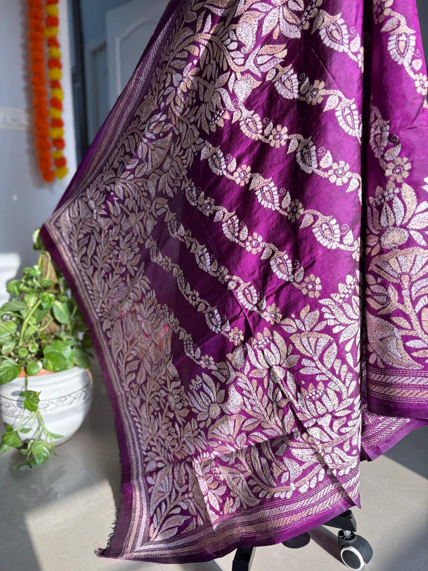 Kantha Hand Embroidary Full Work Pure Banglore Silk Dupatta. (With Silk Mark)