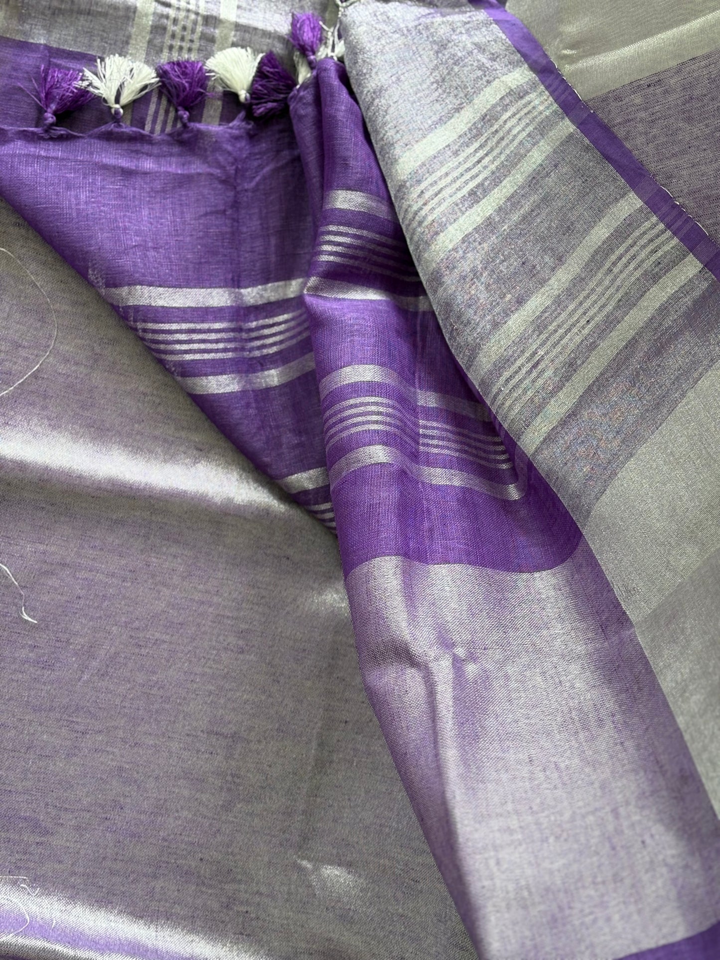 Lavender silver pure Linen By Linen Saree With running Blouse