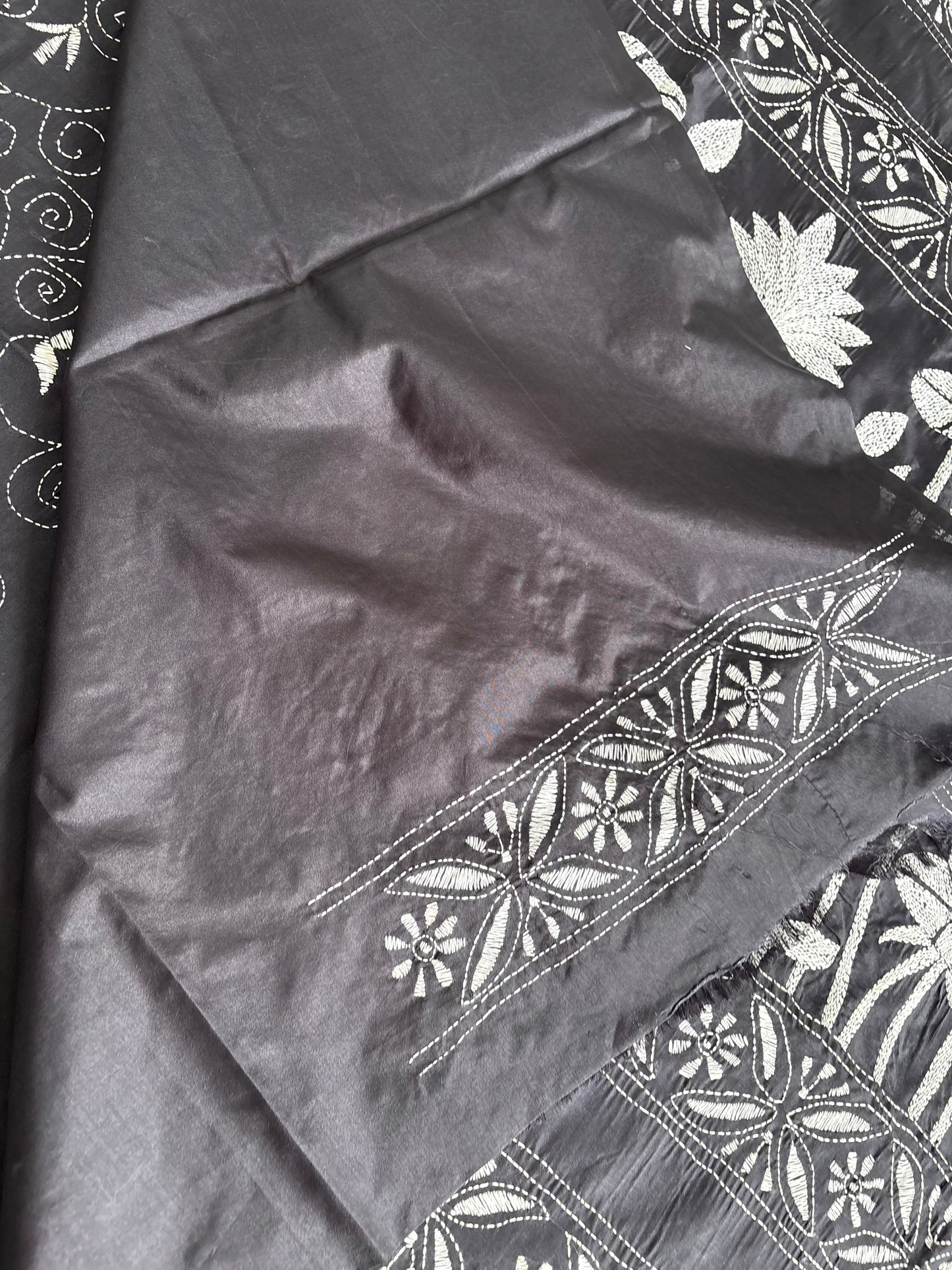 Kantha Stitch Hand Work Embroidered Art Silk Saree With Blouse