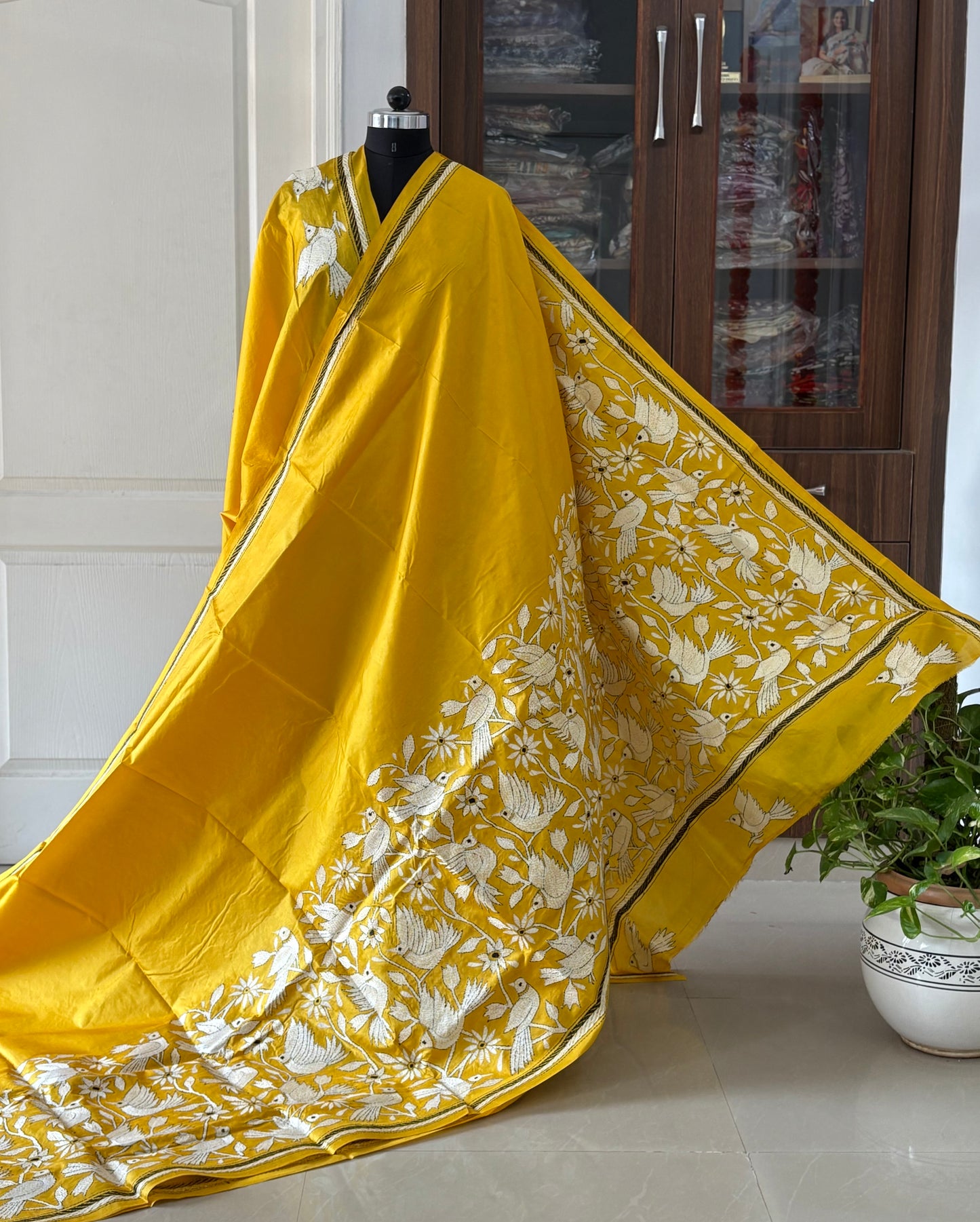 Kantha Stitch Hand Embroidered Pure Banglore Silk Saree (Silk Marked)