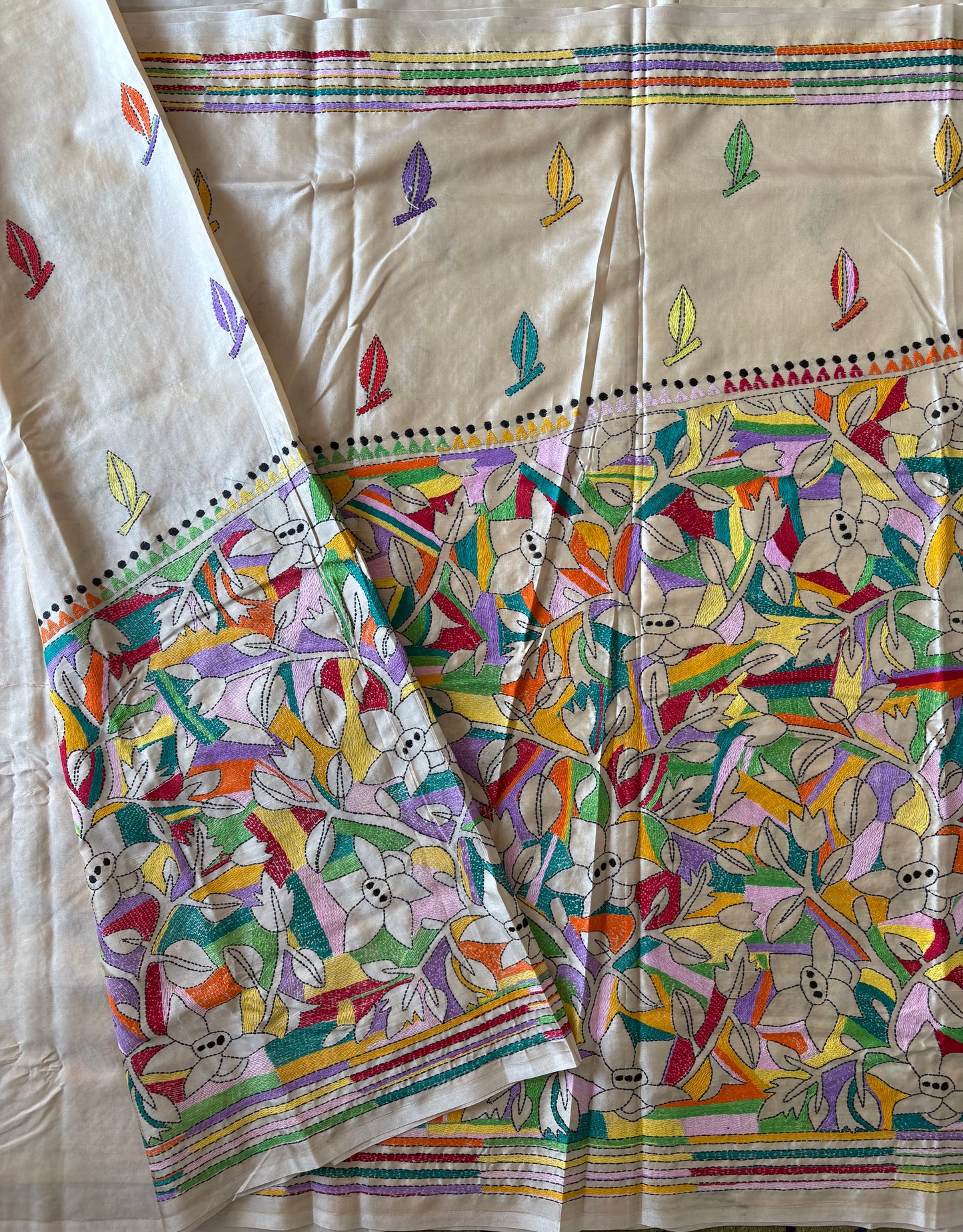 Reverse Kantha Hand Work Embroidered Art Silk Saree - Beige