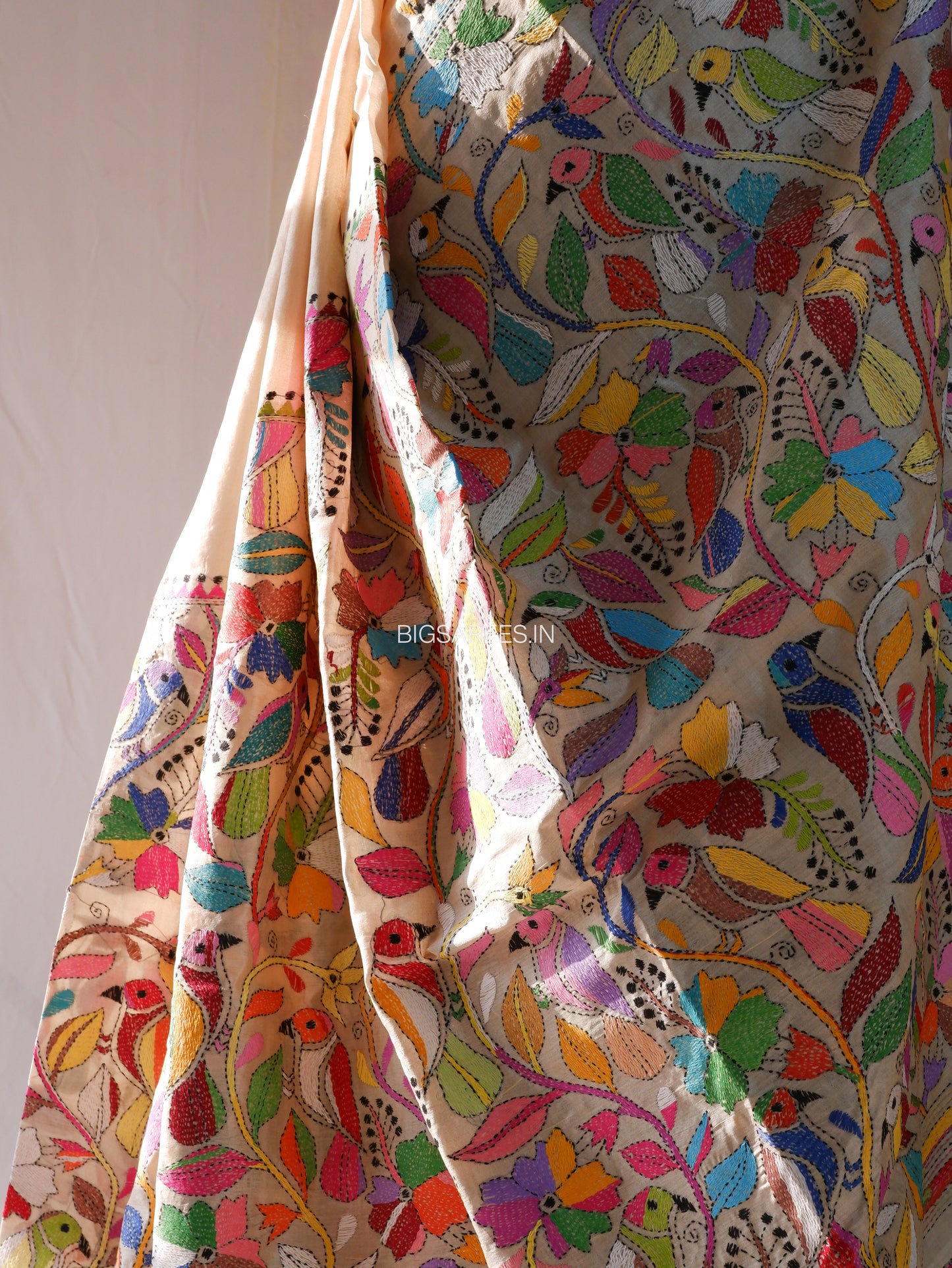 Kantha Stitch Hand Embroidered Saree | Pure Tussar Silk | Silk Mark Certified | Light Beige