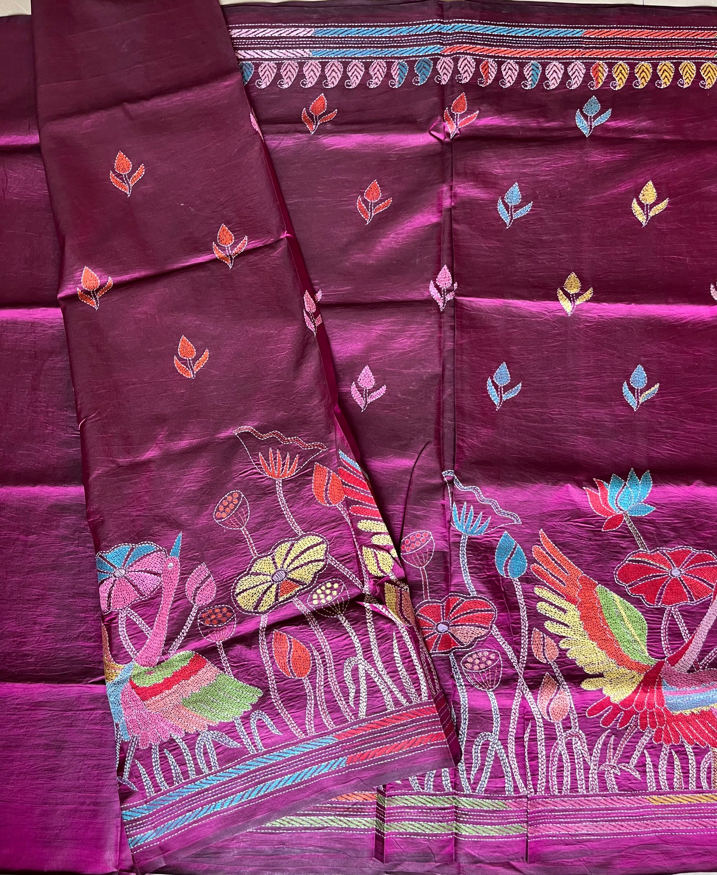 Kantha Hand Embroidered Pure Banglore Silk Saree (Silk Marked)