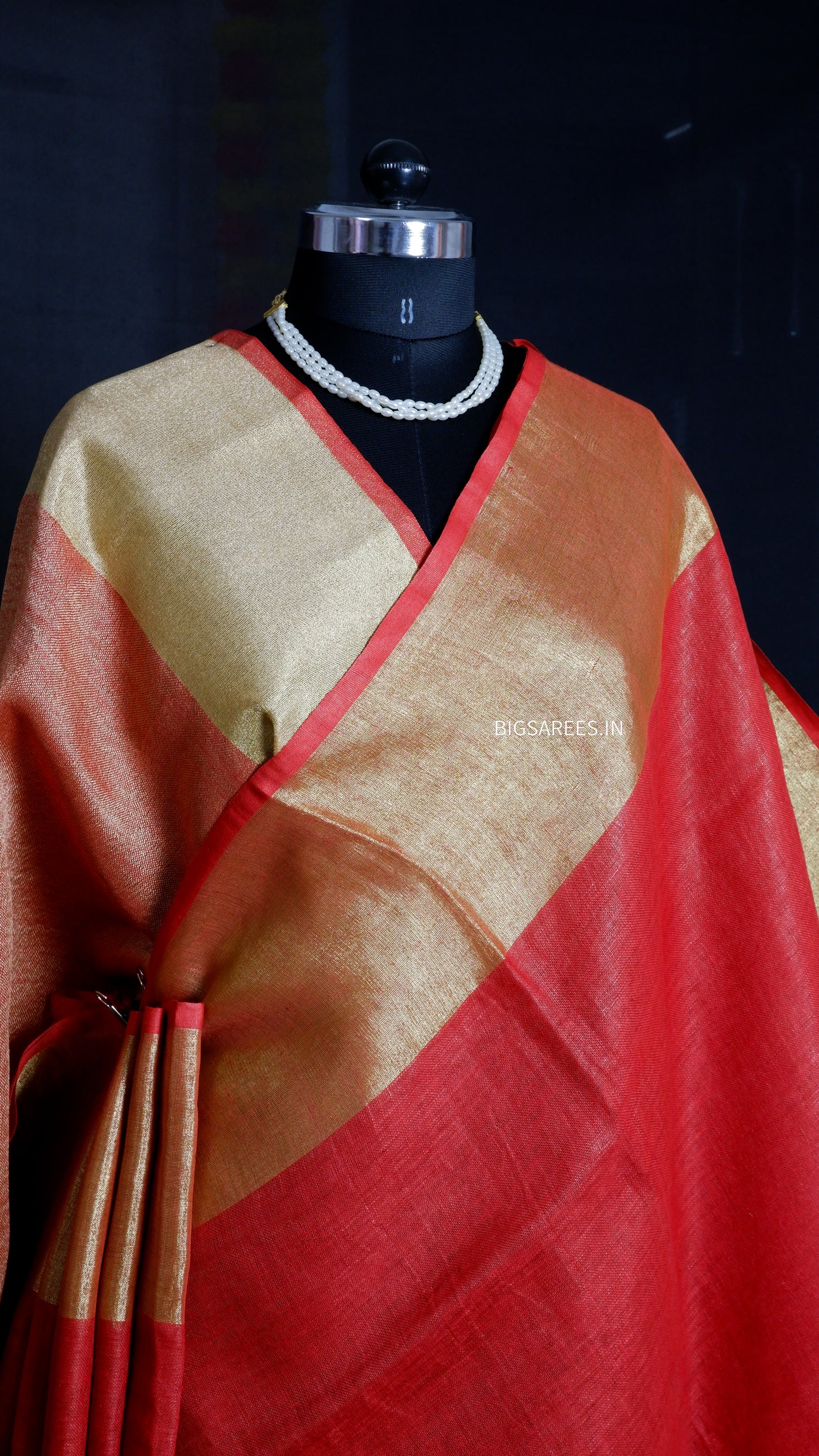 Red golden pure Linen By Linen Saree With running Blouse
