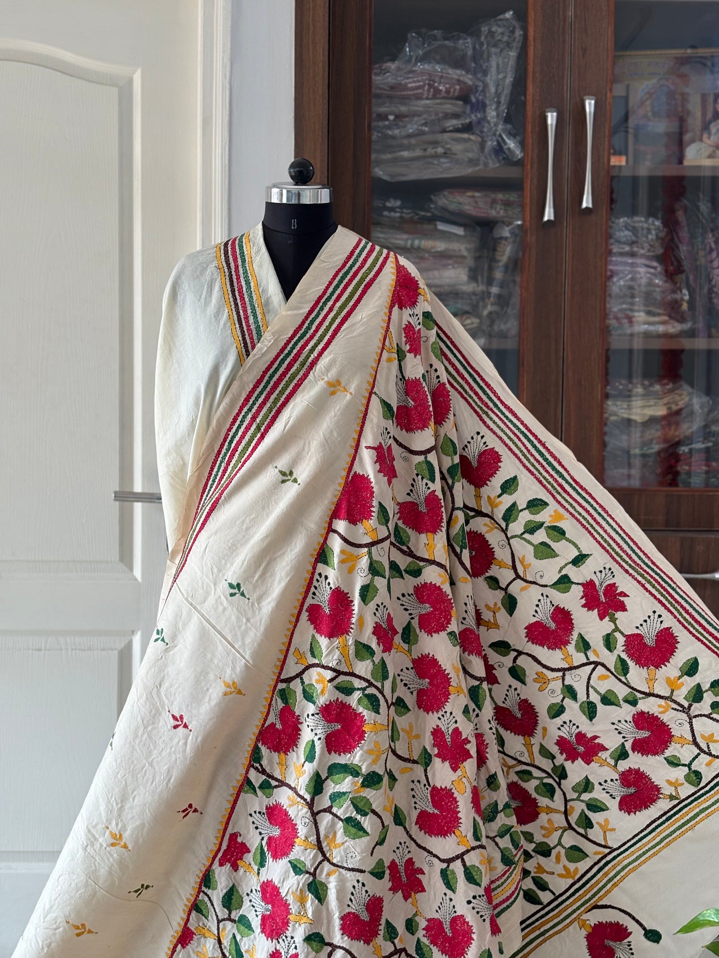 Off White Kantha Hand Embroidered Tussar Silk Saree