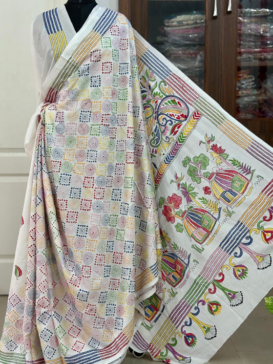 Off white hand embroidered Kantha stitch Saree in Art silk