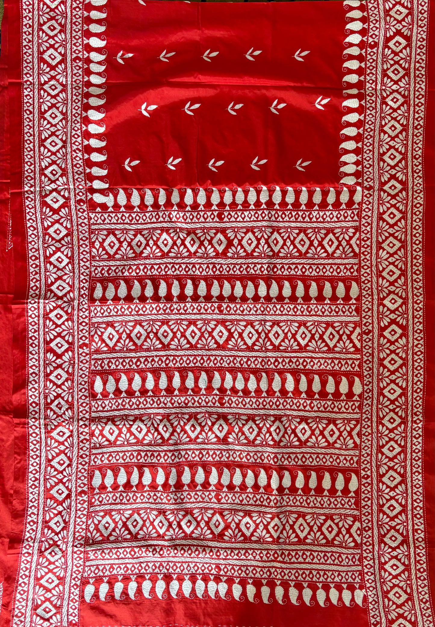 Kantha - Stitch Hand Embroidered Saree | Blended Bangalore Silk / Art Silk | Red