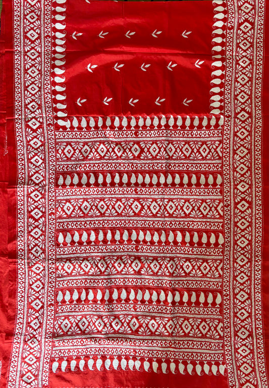 Kantha - Stitch Hand Embroidered Saree | Blended Bangalore Silk / Art Silk | Red