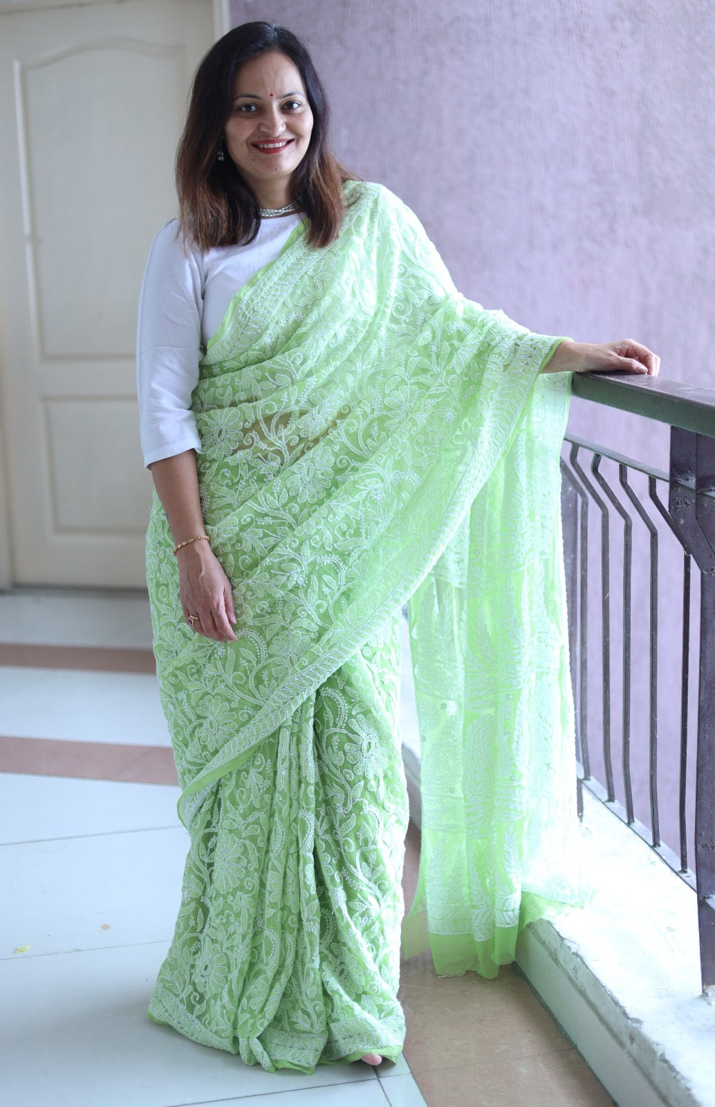 Light Green Georgette Chikankari Work Hand Embroidered Saree