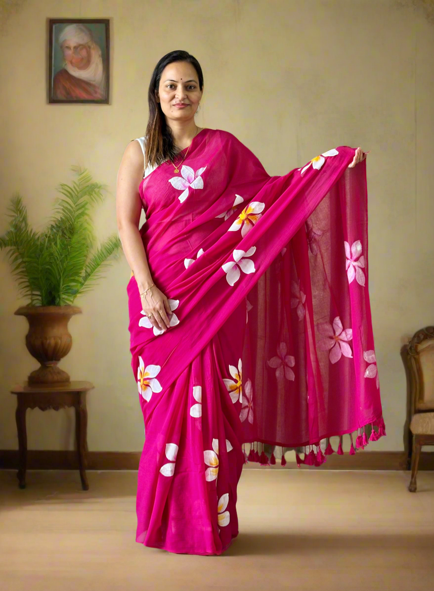 Hand Painted Mul Cotton Saree - Dark Pink