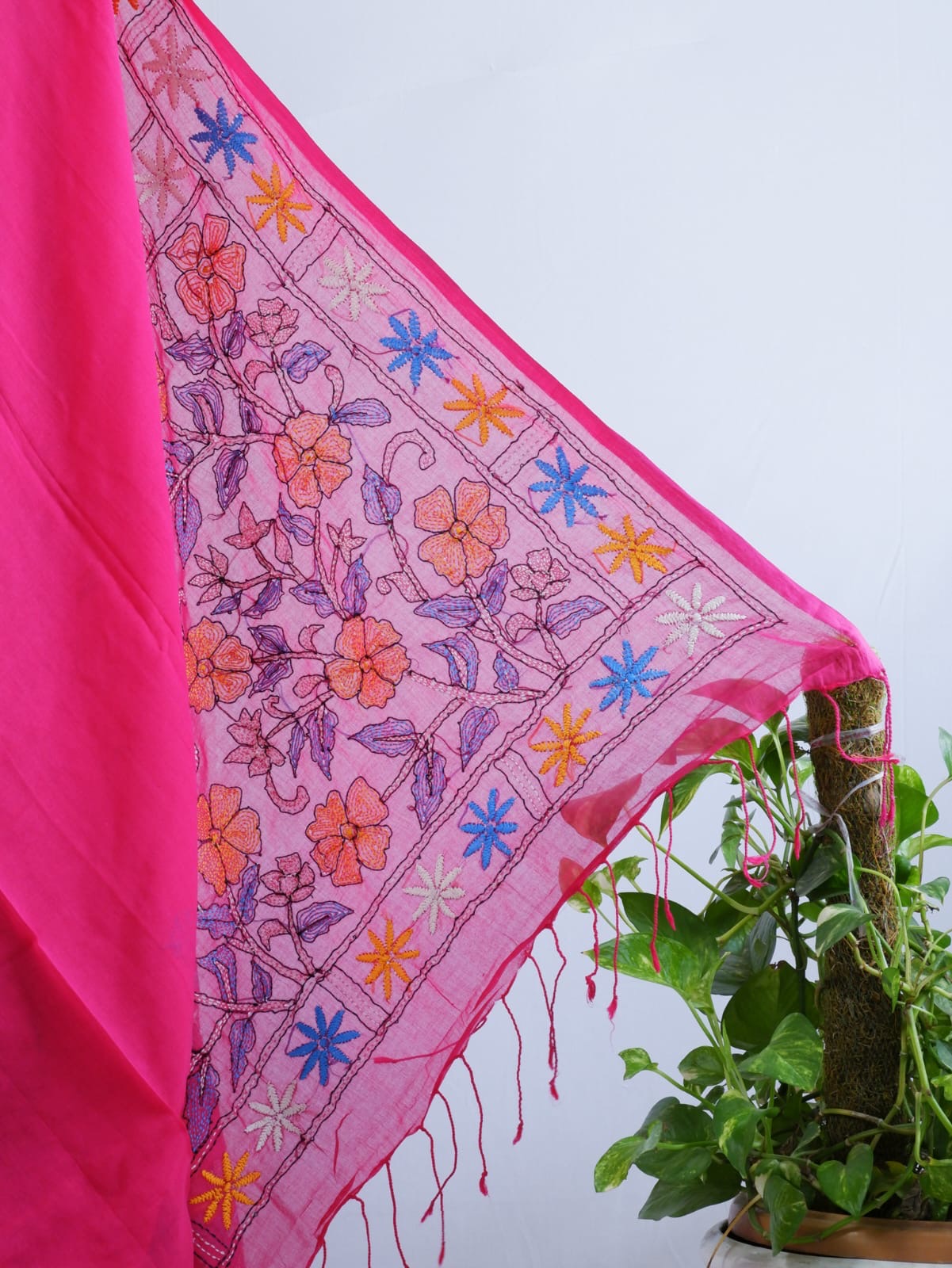 Kantha stitch Hand Embroidered Pure mul Cotton Saree