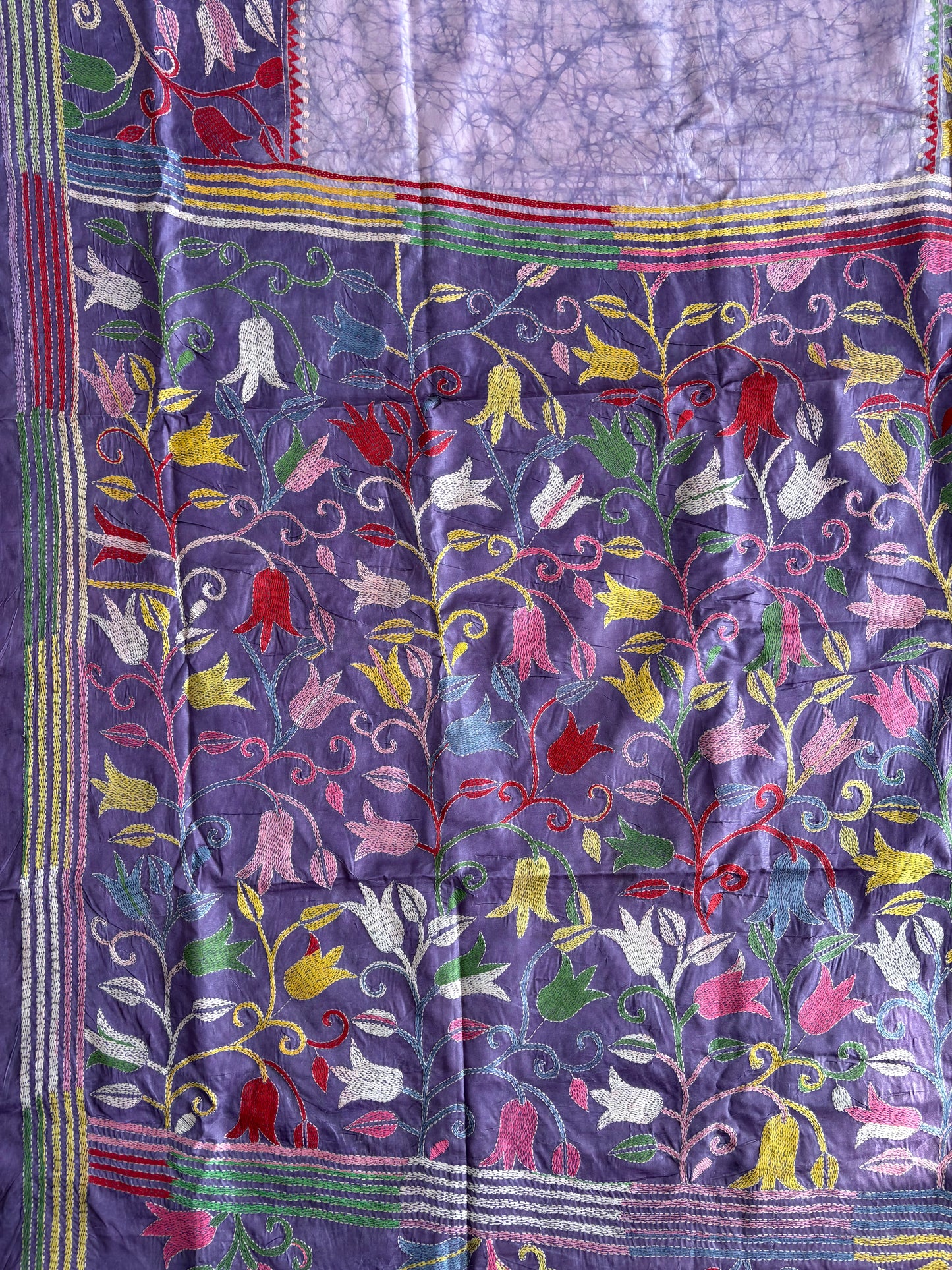 Kantha Hand Embroidered Blended Banglore Silk/Art Silk Saree With Blouse