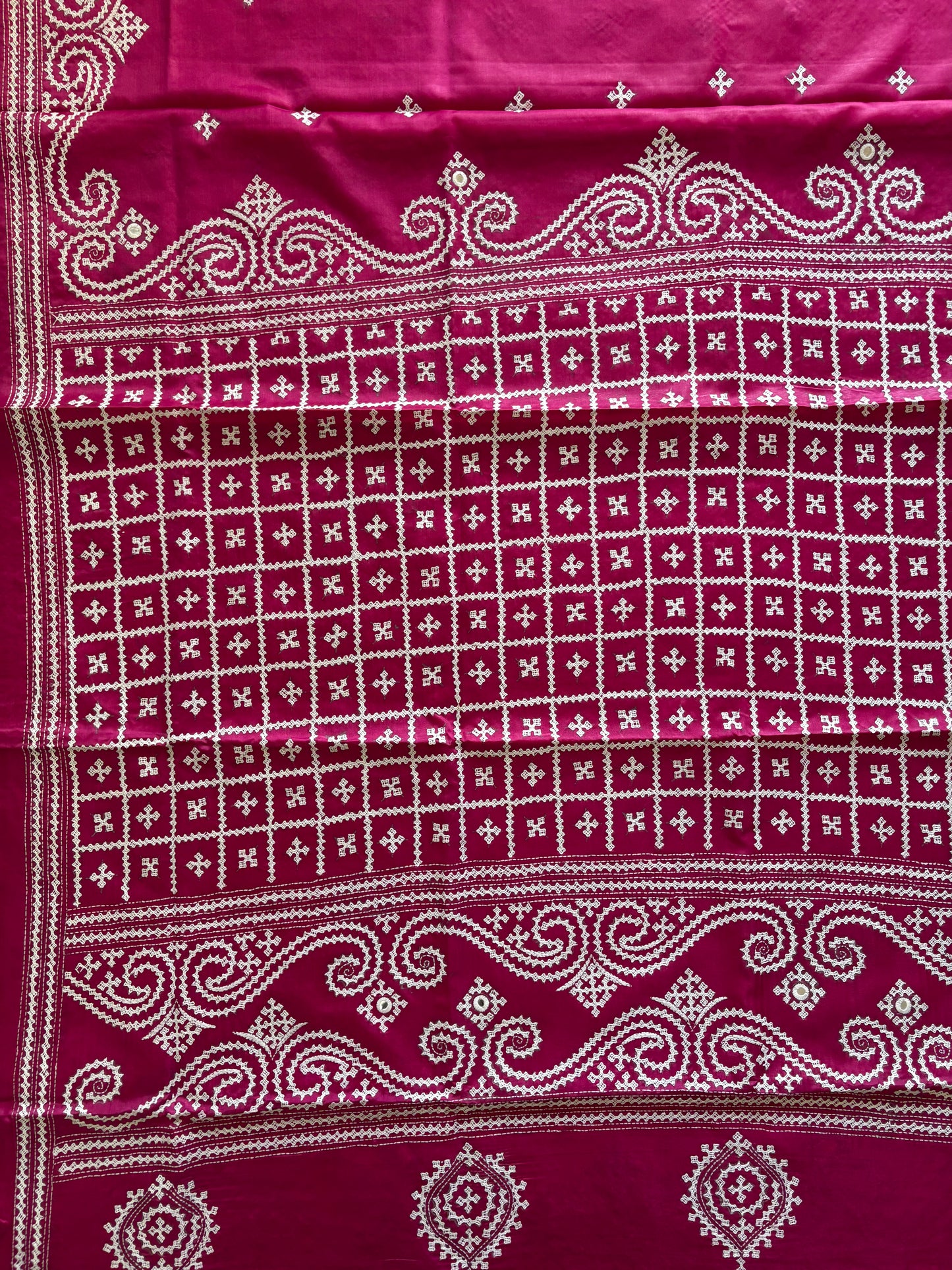 Gujrati Stitch/Kutch Hand Embroidered Art Silk Saree