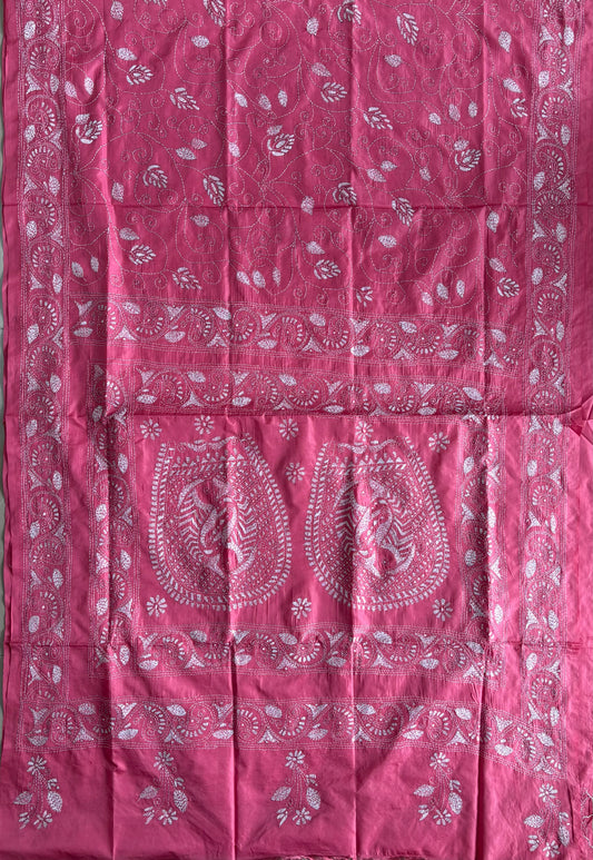 Kantha Stitch Hand Work Embroidered Art Silk Saree With Blouse