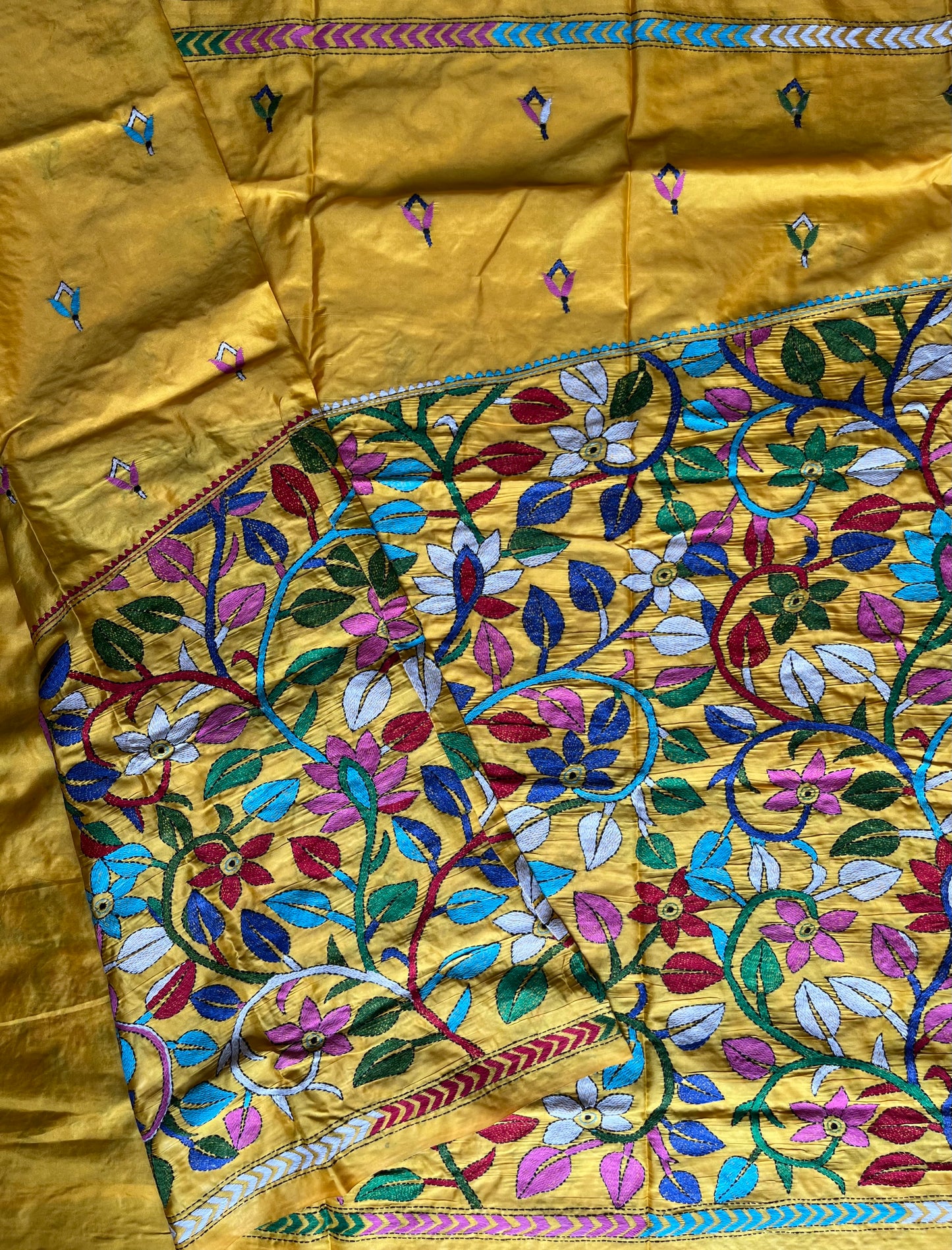 Kantha stitch Saree in blended Bangalore Silk