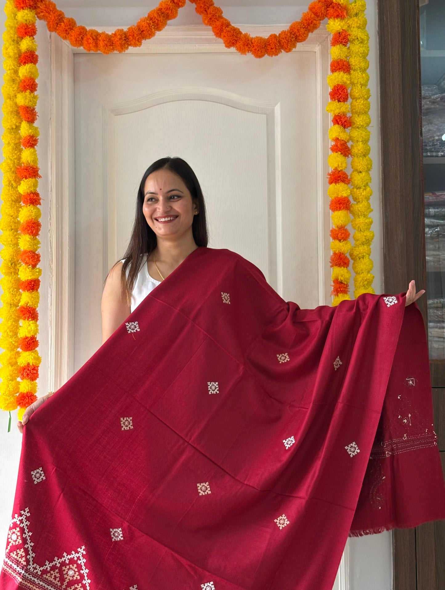 Gujrati Stitch Hand Embroidered Woollen Warm Shawl