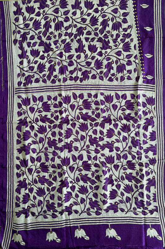 Kantha Hand Embroidered Blended Banglore Silk/Art Silk Saree With Blouse
