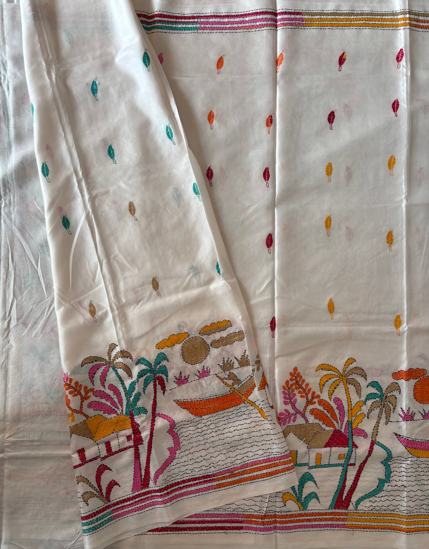 Kantha Hand Embroidered Blended Banglore Silk/Art Silk Saree With Blouse