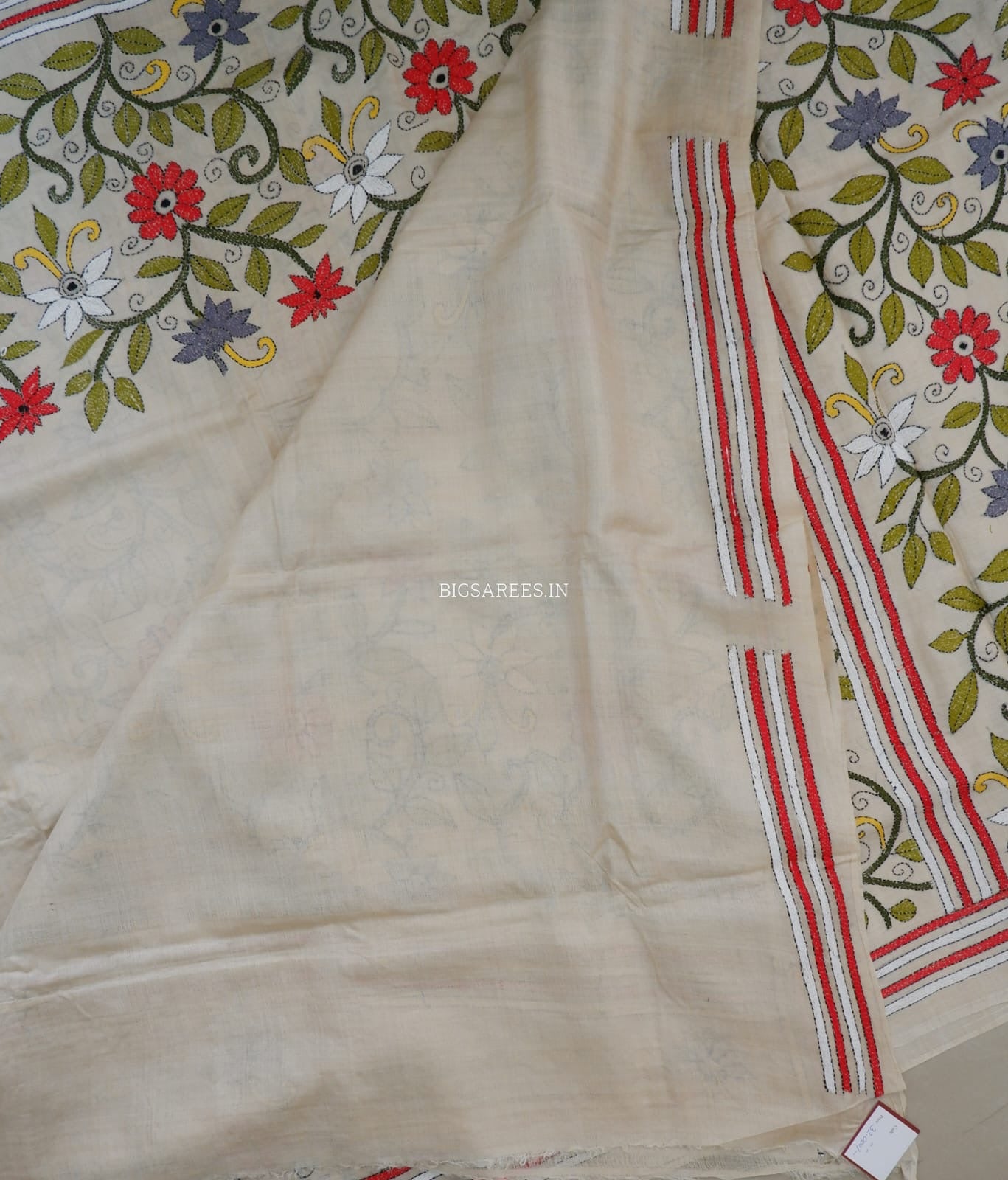 Kantha - Stitch Hand Embroidered Saree | Pure Gachi by Gachi Tussar Silk | Silk Mark Certified | Light Beige