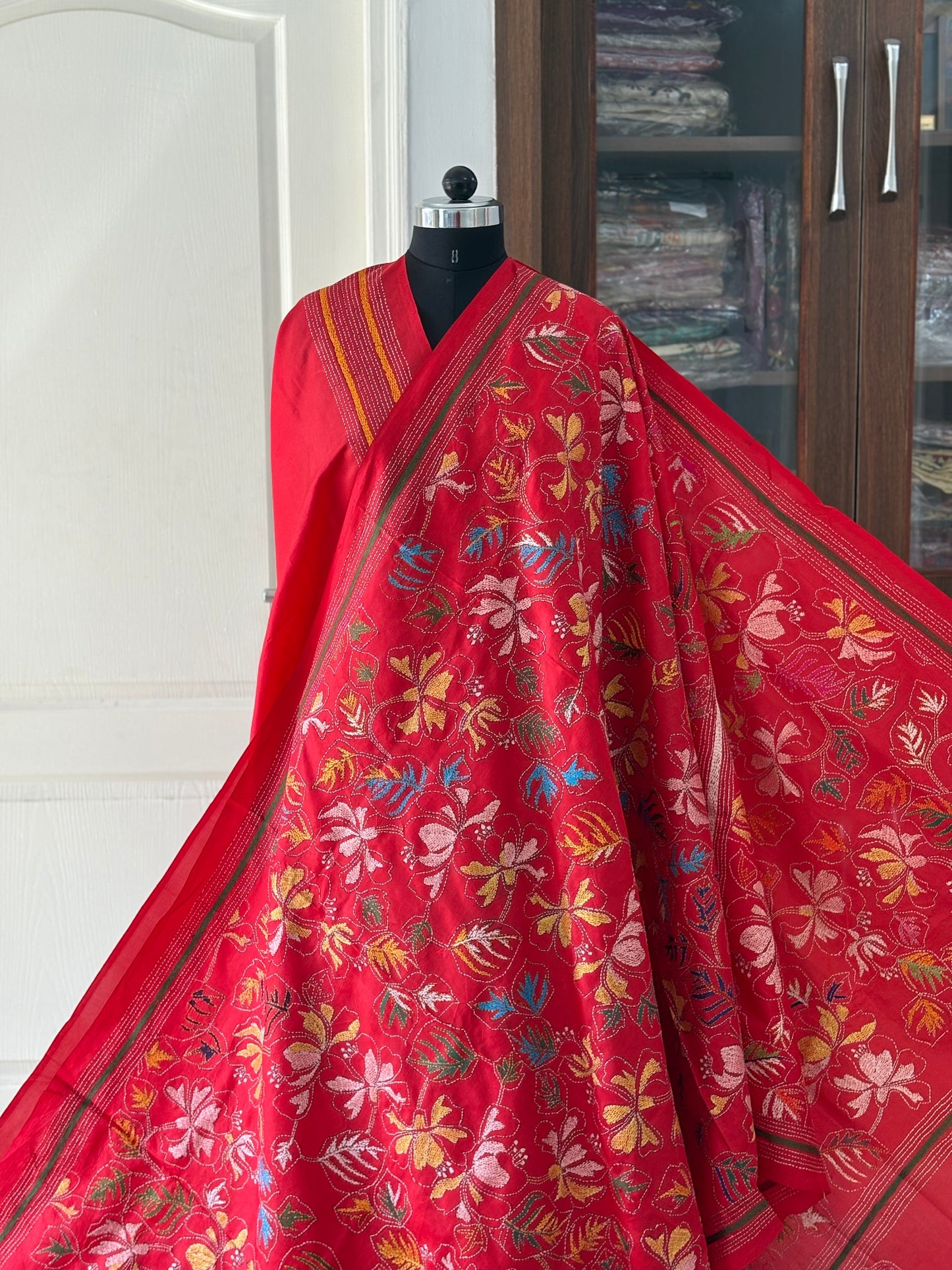 Kantha Stitch Hand Embroidered Pure Banglore Silk Saree (Silk Marked)