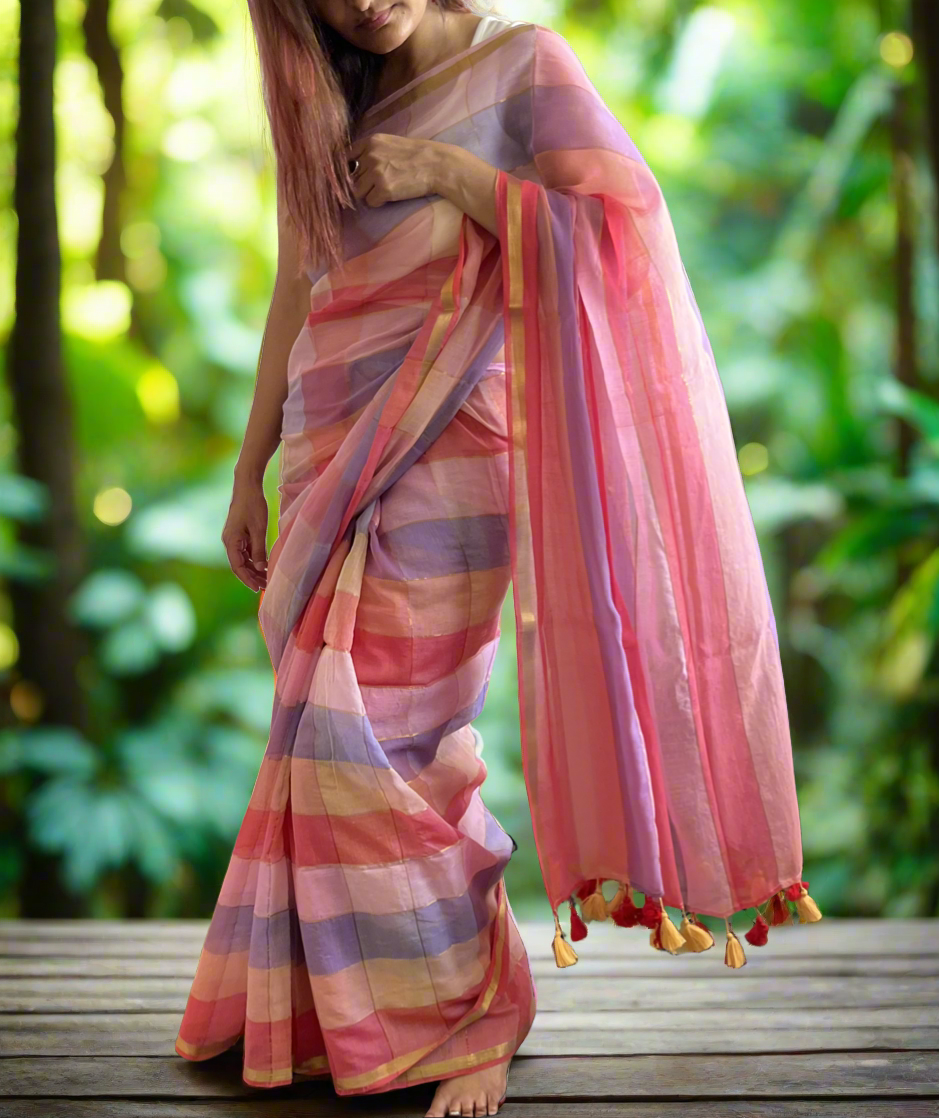 Mul Cotton Check Stripes Golden Lining Saree