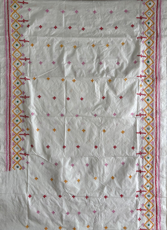 Heavy real mirror work Gujrati Stitch/Kutchi Bharat/Sindhi Hand Embroidered Art Silk Saree with blouse - white
