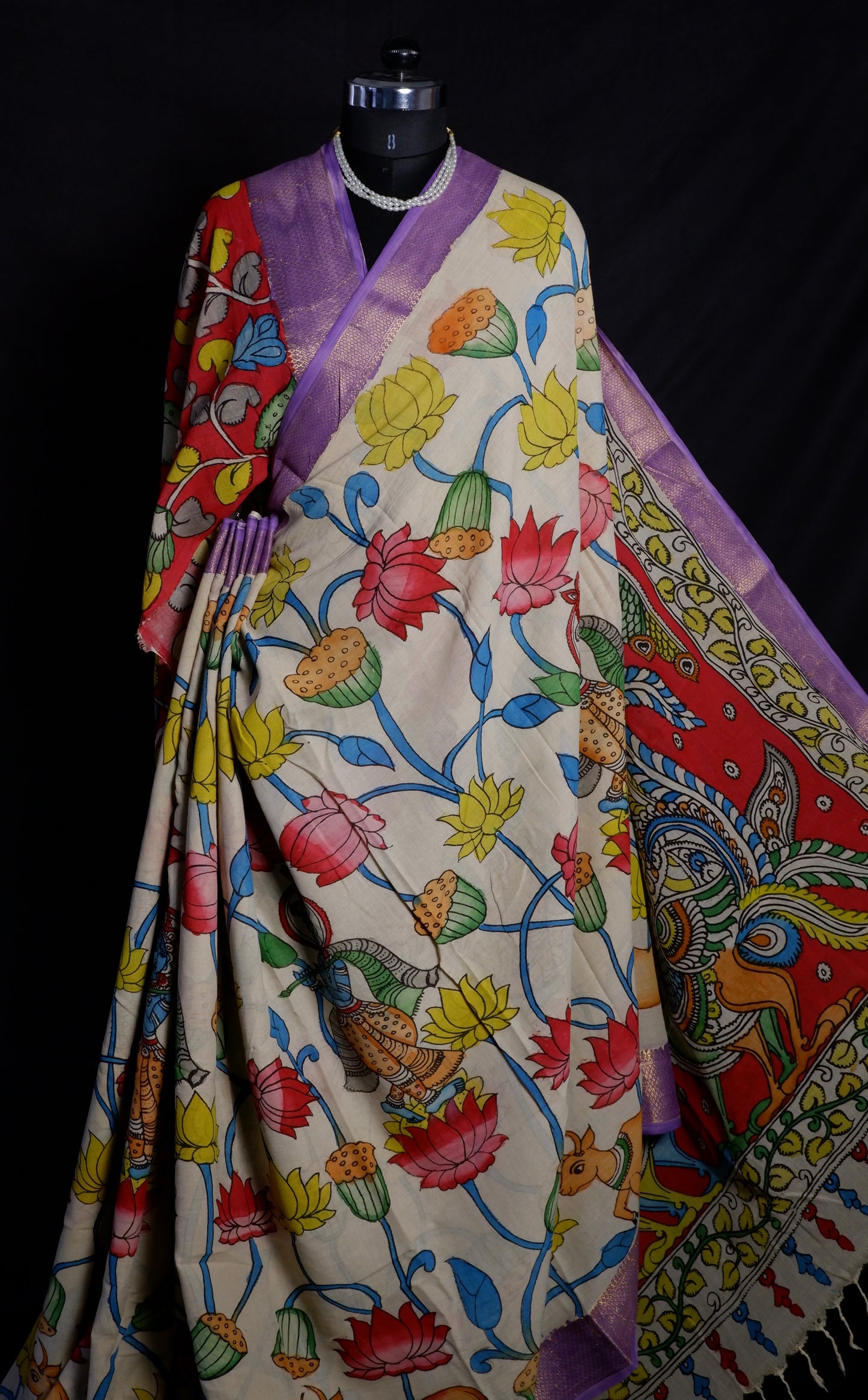 Pen Kalamkari hand painted pure cotton Saree with blouse