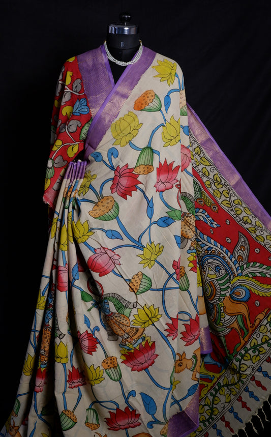 Pen Kalamkari hand painted pure cotton Saree with blouse