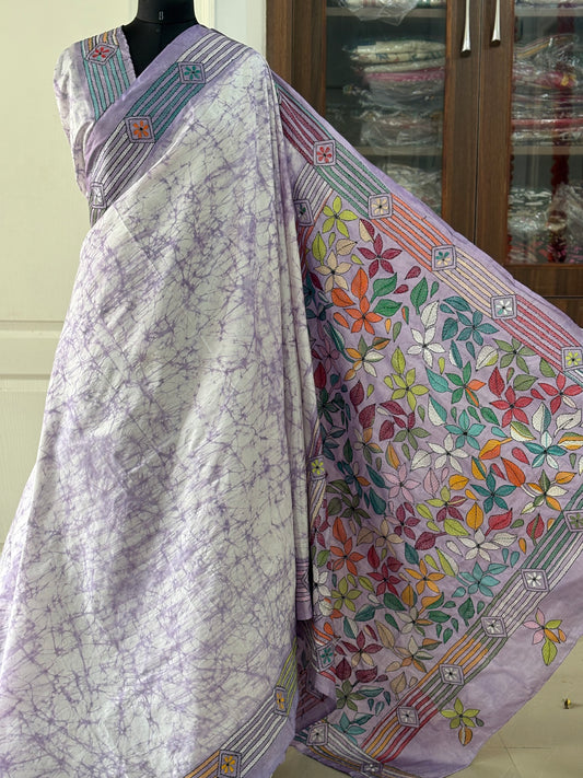 Kantha Hand Embroidered Hand Batik Art Silk Saree With Blouse